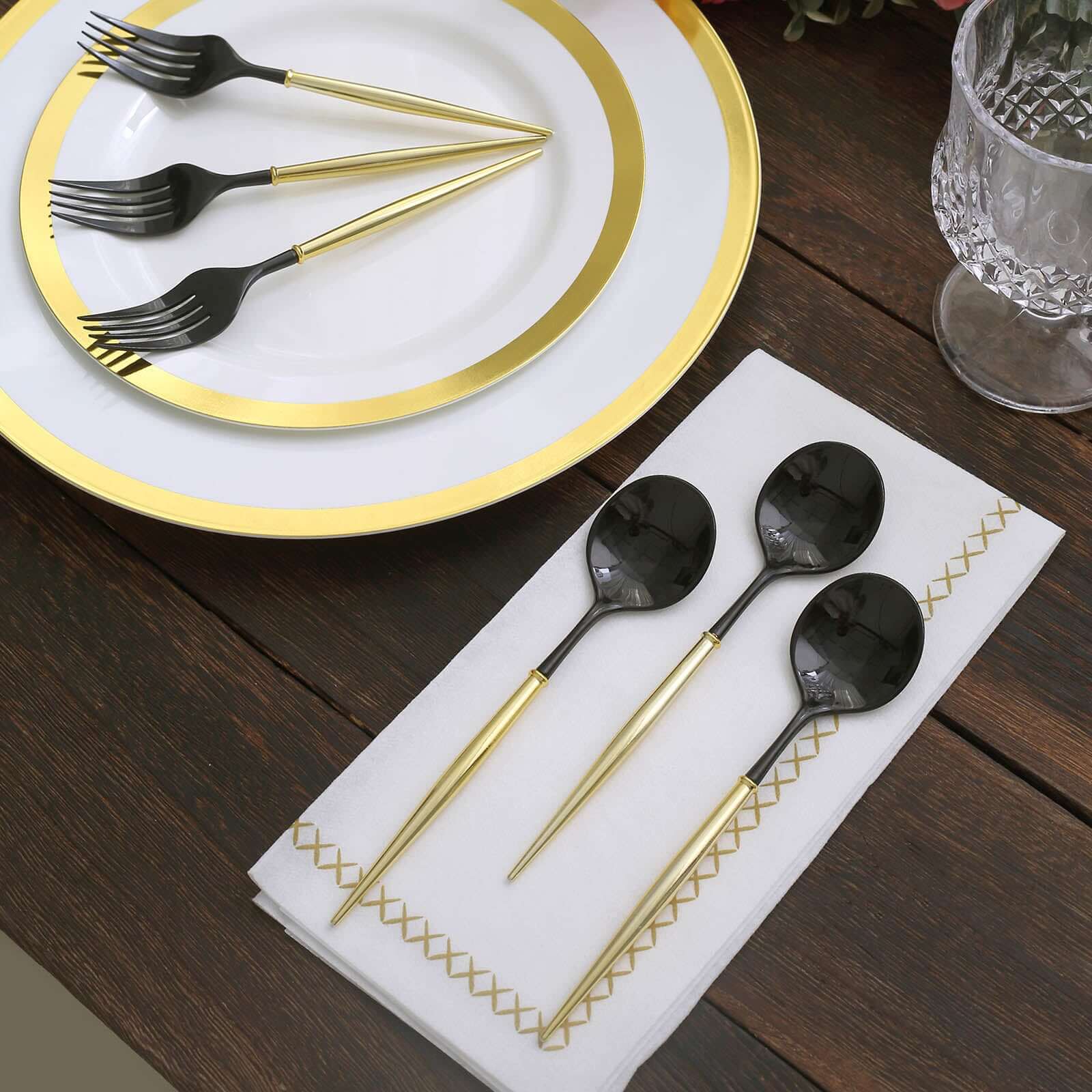 24-Pack Plastic Fork and Spoon Set Black/Gold - Heavy Duty Disposable Modern Utensils 6