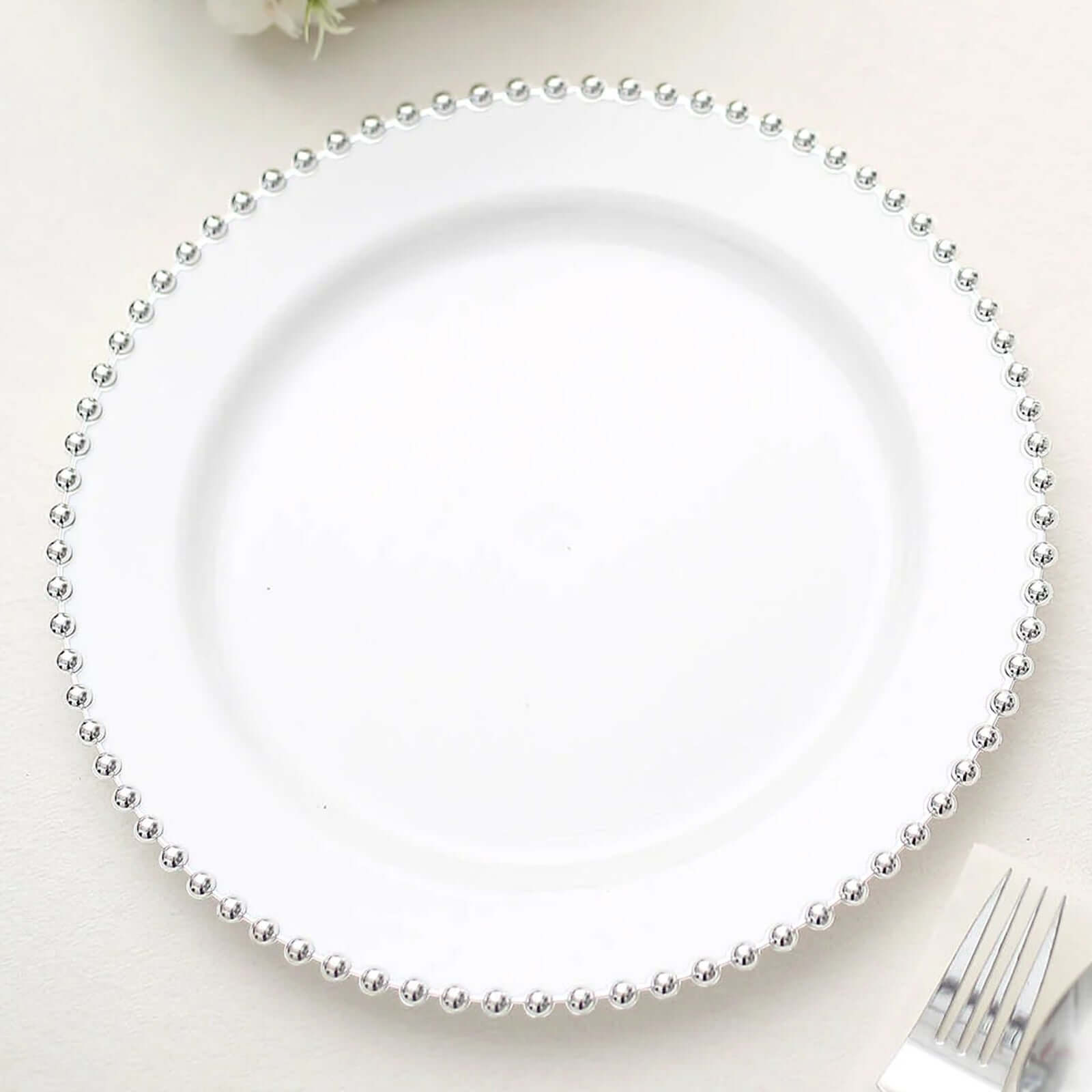 10-Pack Plastic 10 Round Dinner Plates in White with Silver Beaded Rim - Disposable Party Plates