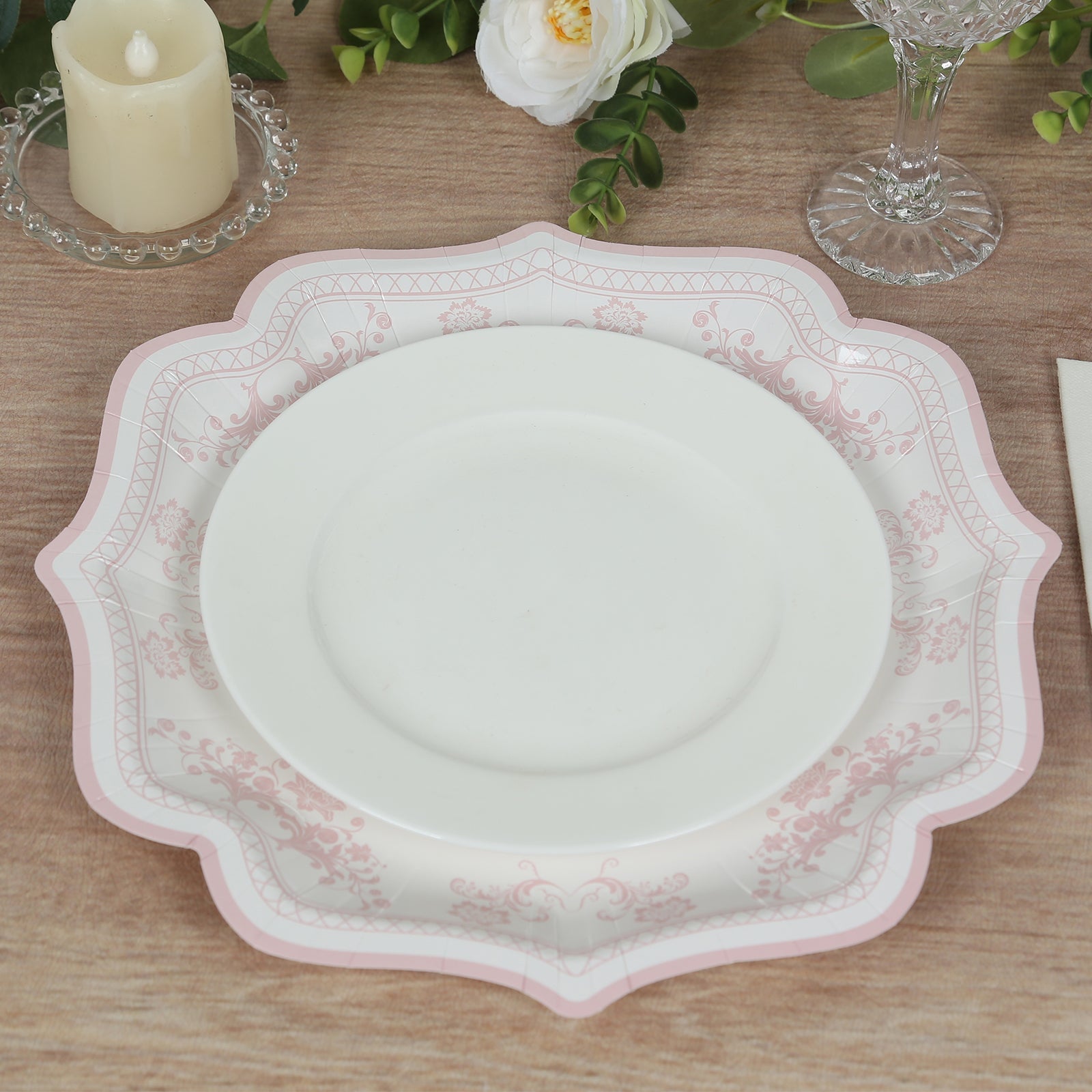 25-Pack Paper Dinner Plates in White with Pink French Toile Print & Scallop Rim - Stylish Disposable 300GSM Floral Party Plates 10