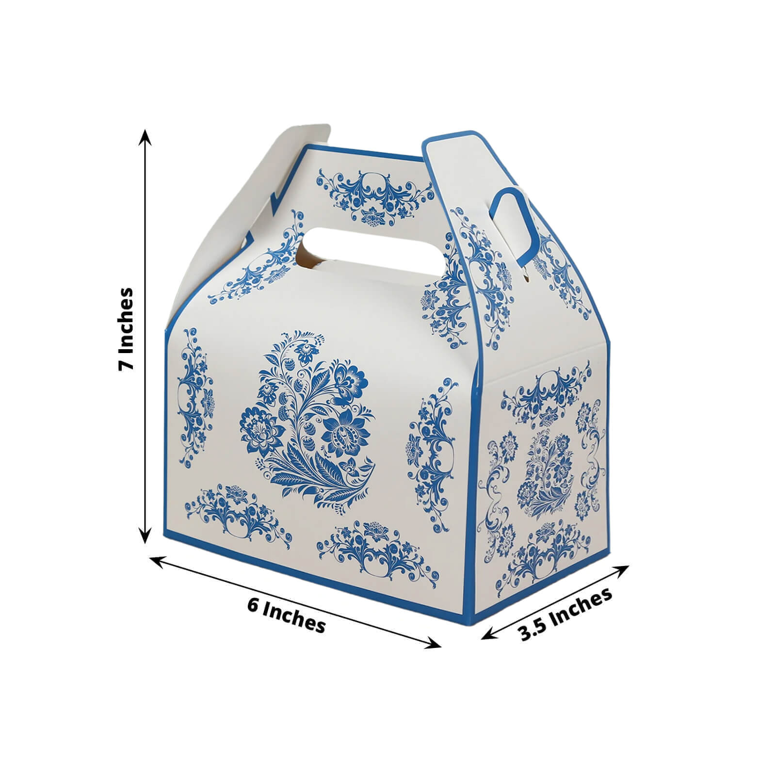 25 Pack Candy Gift Tote Gable Boxes in White Royal Blue Damask Floral Pattern, Party Favor Treat Boxes - 6x3.5x7