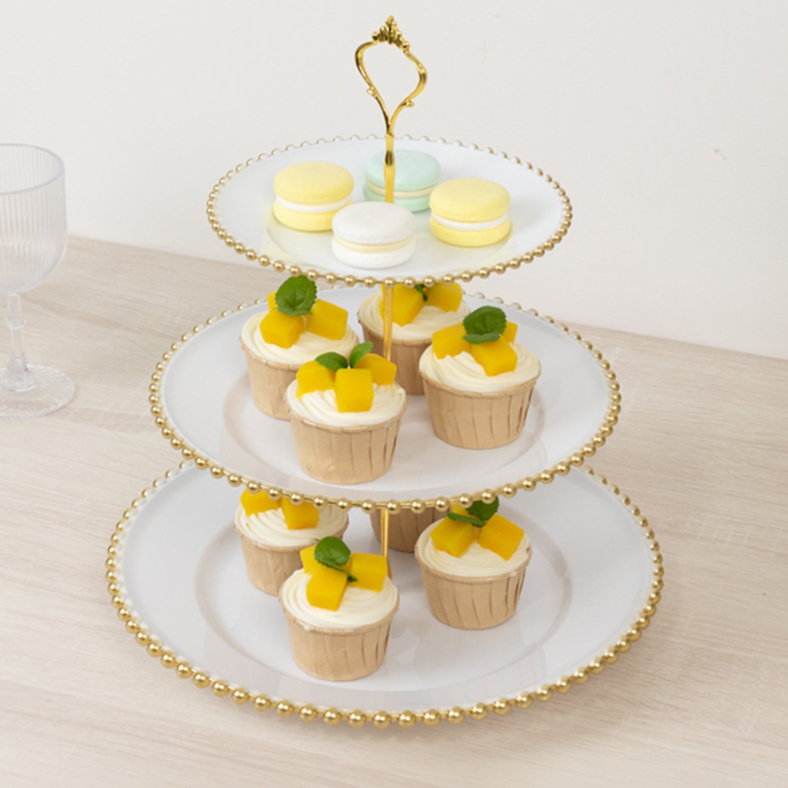 14 White 3-Tier Plastic Dessert Display Stand With Gold Beaded Rim, Round Cupcake Tower Tea Party Serving Platter With Top Handle