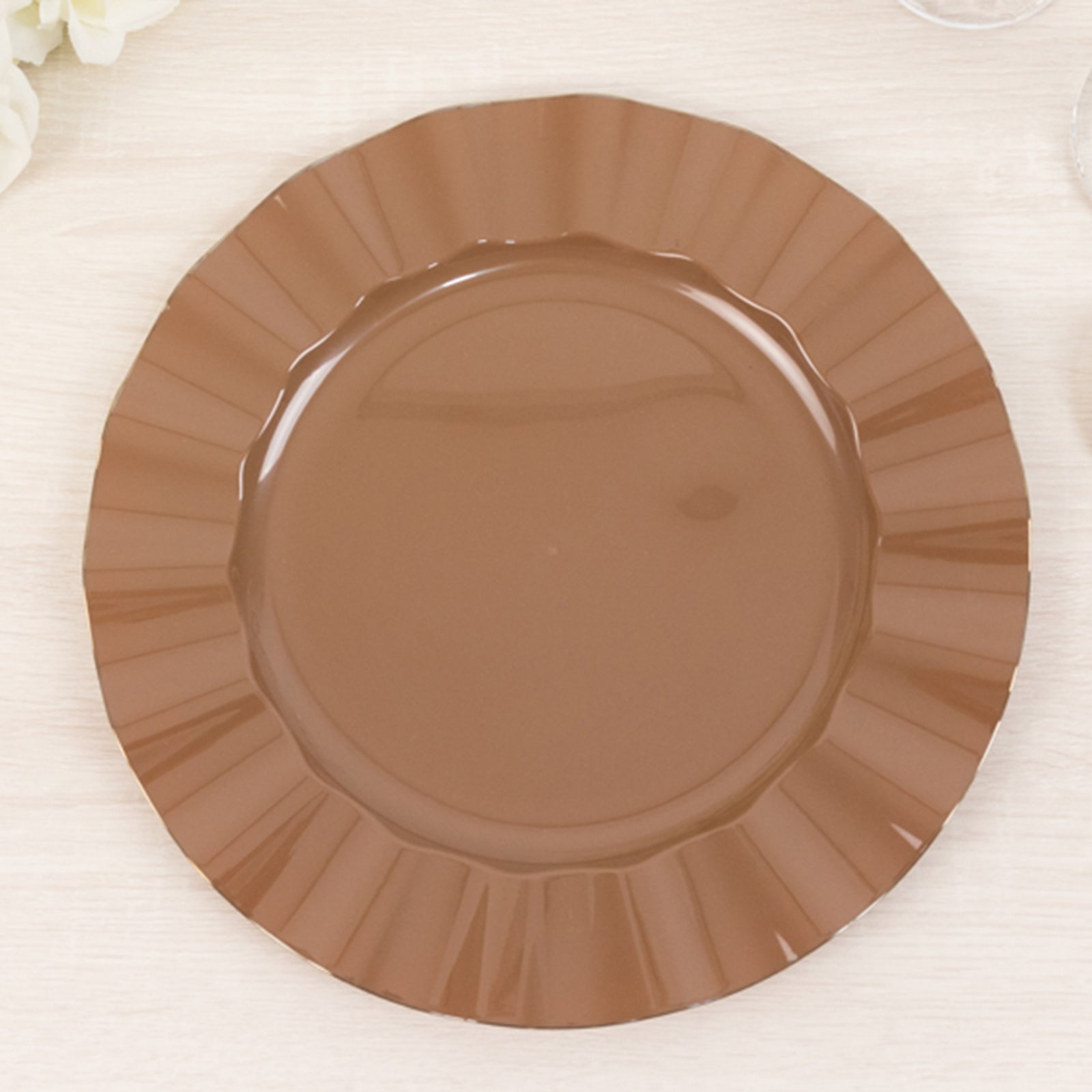 10-Pack Plastic 11 Round Dinner Plates in Coffee Brown Ruffled Rim with Gold Edging - Sturdy Disposable Dinnerware