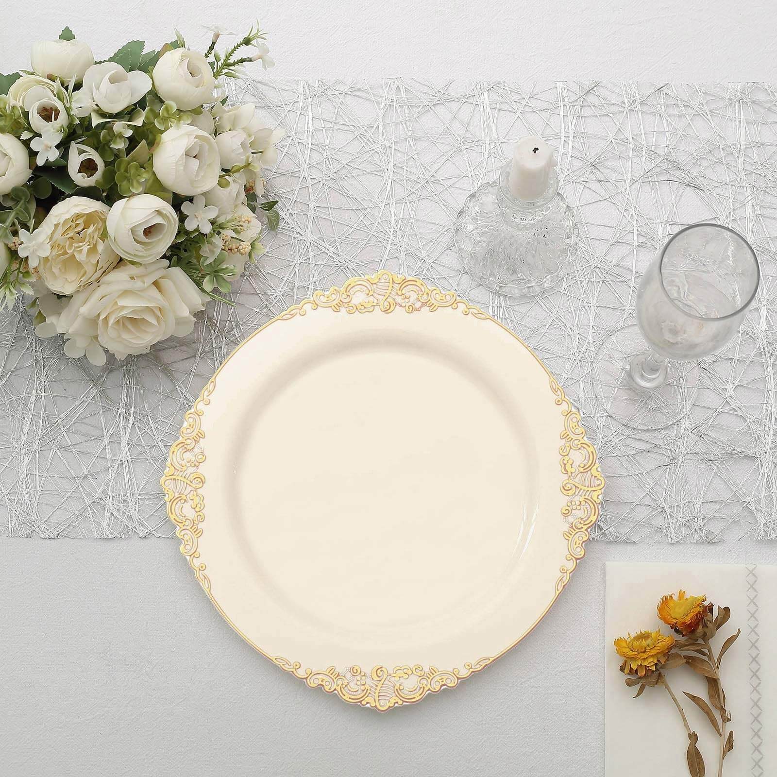 10-Pack Plastic 10 Round Dinner Plates in Ivory with Gold Leaf Embossed Rim - Disposable Vintage Baroque Style Plates