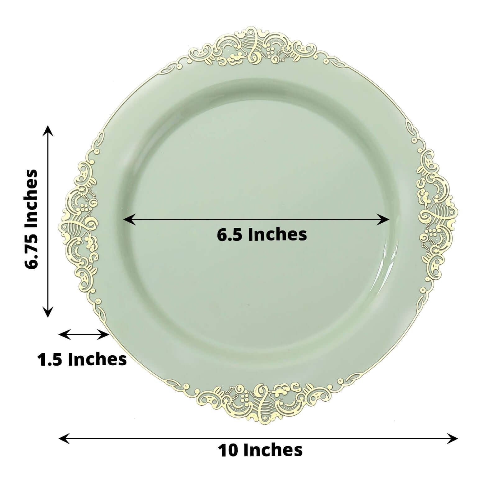 10-Pack Plastic 10 Round Dinner Plates in Sage Green with Gold Leaf Embossed Rim - Disposable Vintage Baroque Style Plates