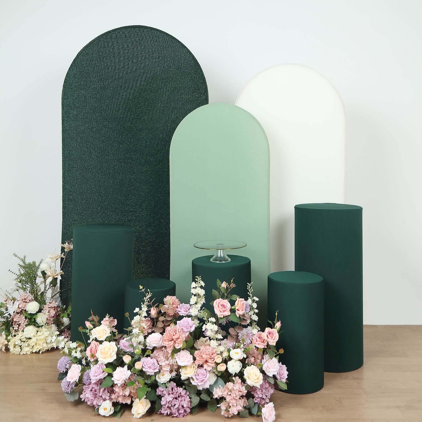 Set of 5 Hunter Emerald Green Spandex Cylinder Pedestal Stand Covers, Stretchable Pillar Prop Covers - 160 GSM