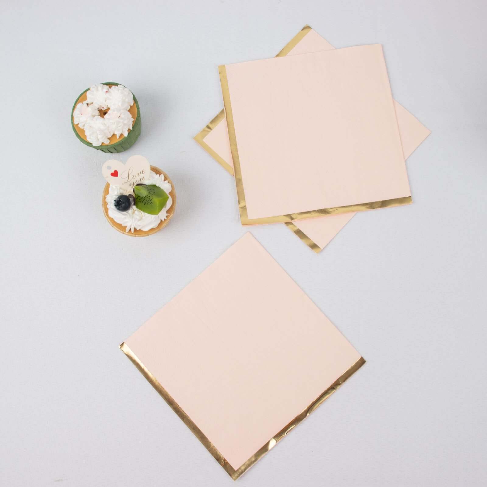 50-Pack Paper Beverage Napkins with Gold Foil Edge Blush - Disposable 2 Ply Cocktail Napkins for Events 6.5x6.5