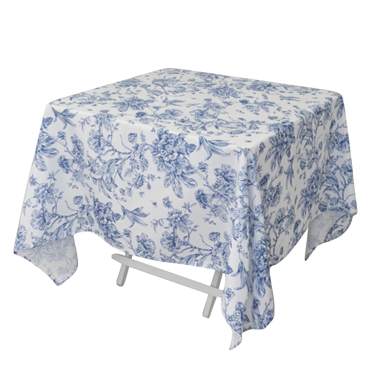 Polyester 70x70 Square Tablecloth White - Blue French Toile Pattern for Sophisticated Settings