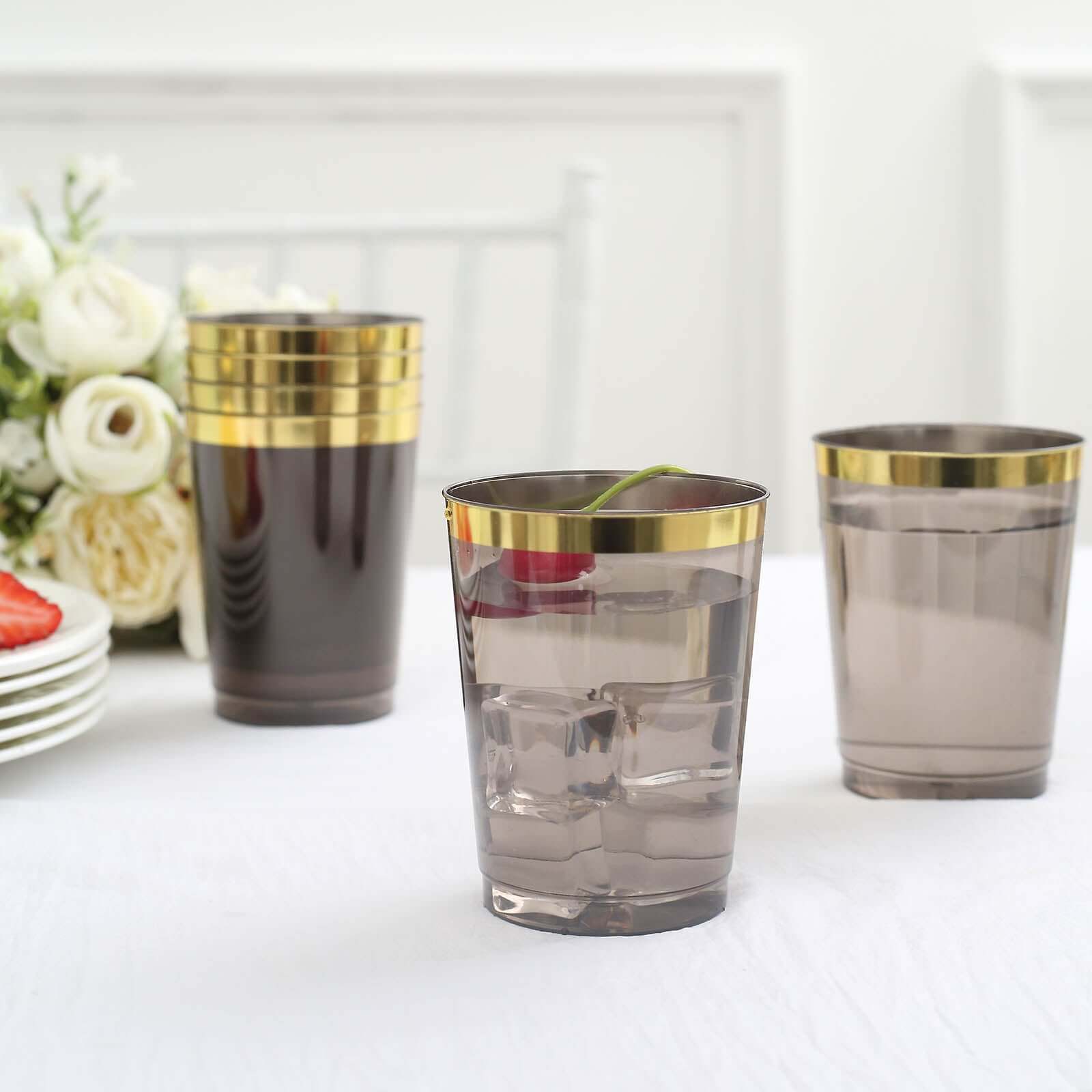 25-Pack Plastic Tumbler Cups Transparent Black with Gold Rim - Stylish Disposable Party Glasses 10oz