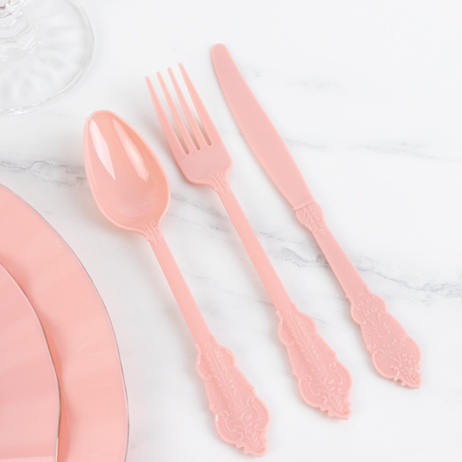 72 Pcs Plastic Silverware Set in Baroque Style Dusty Rose - Heavy Duty Disposable Knife, Fork, and Spoon Set