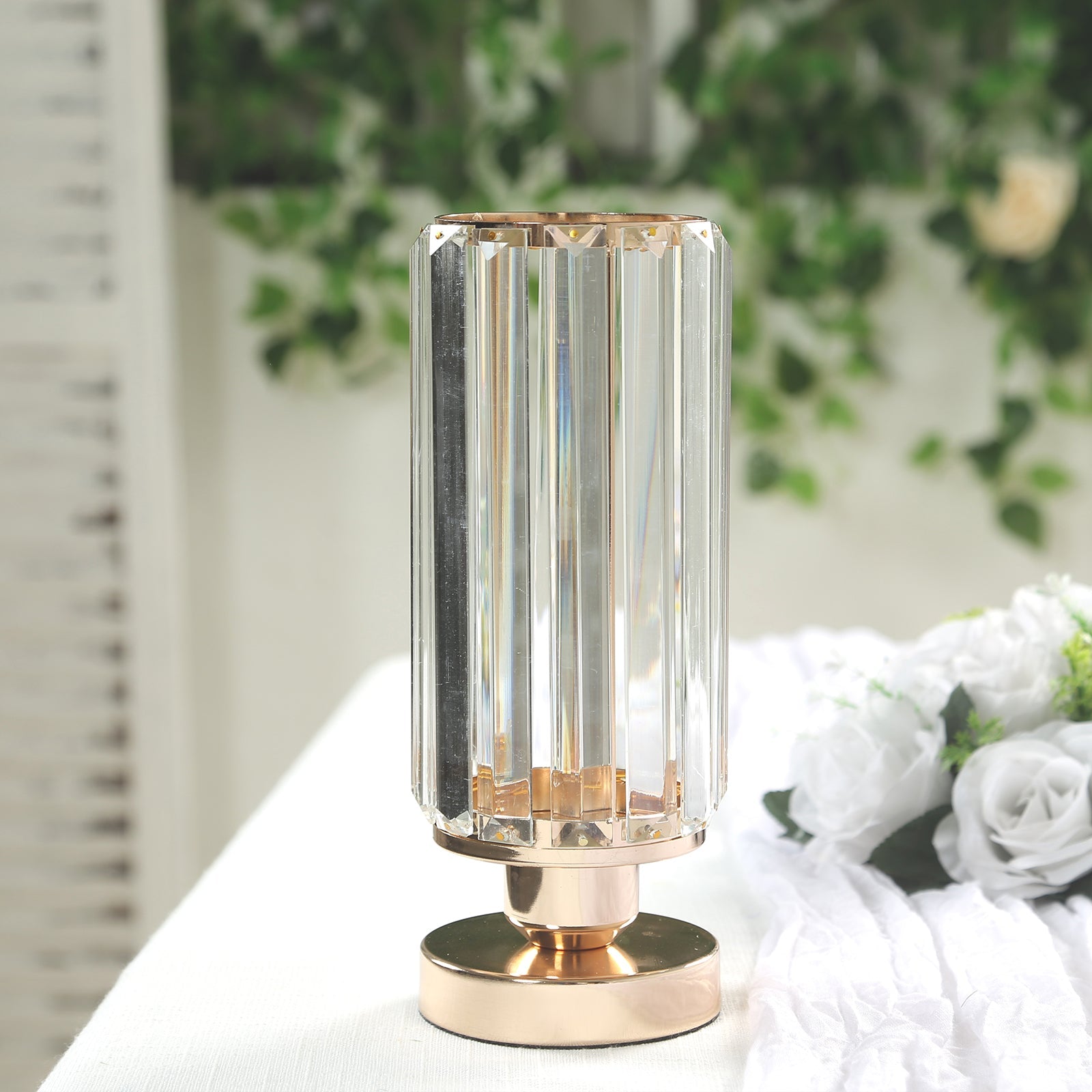 2 Pack 11 Crystal Pendant Hurricane Candle Holders in Gold, Elegant Cylinder Design for Pillar Candles, Short-Stemmed, Decorative Table Centerpieces