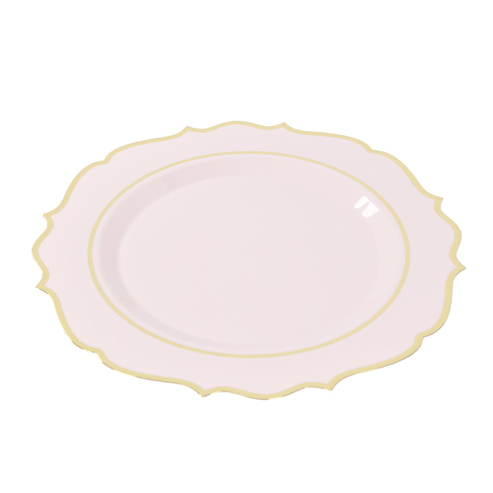 10-Pack Economy Plastic Round Charger Plates 13 in Blush with Gold Scalloped Rim, Decorative Dinner Party Serving Plates