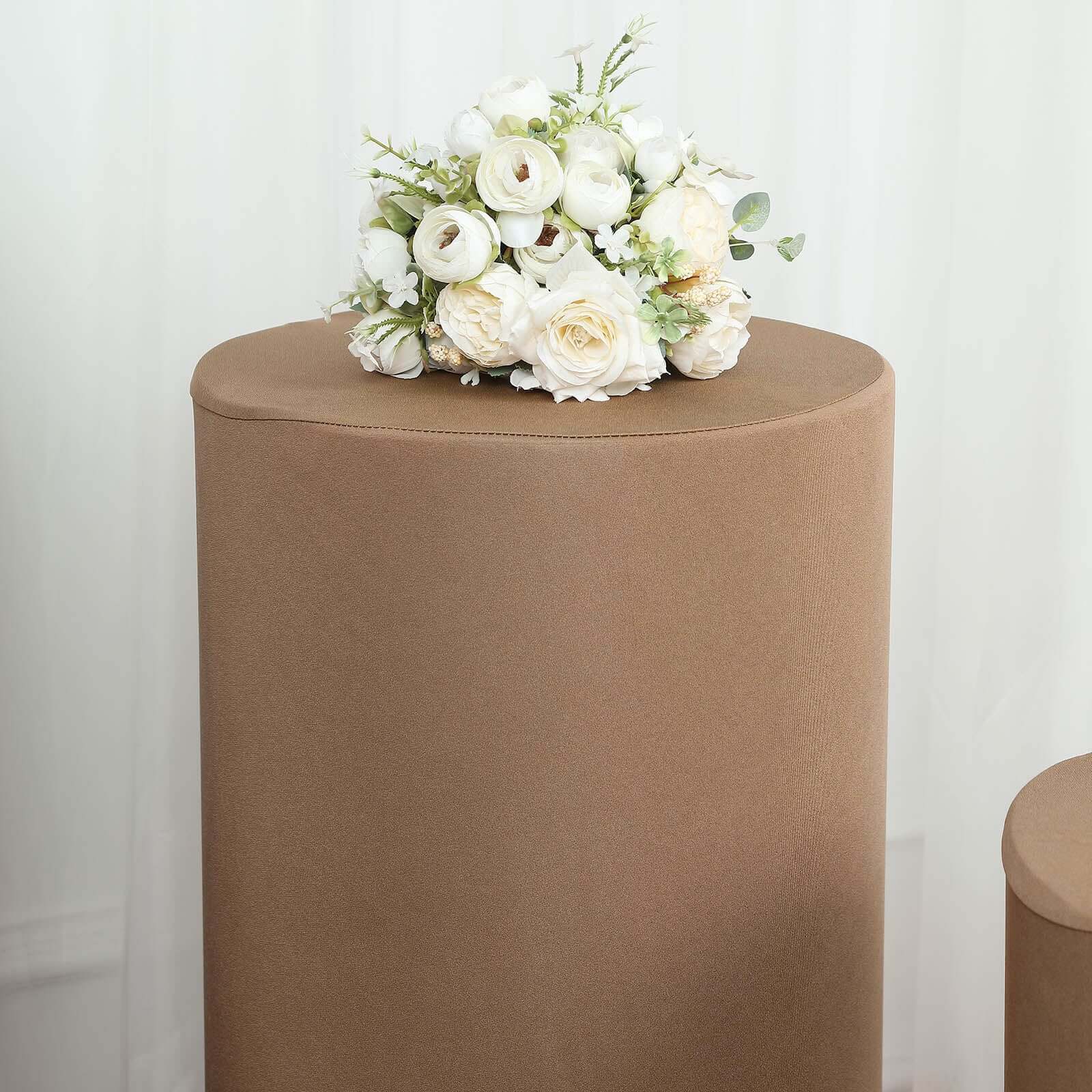 Set of 5 Taupe Spandex Cylinder Pedestal Stand Covers, Stretchable Pillar Prop Covers - 160 GSM