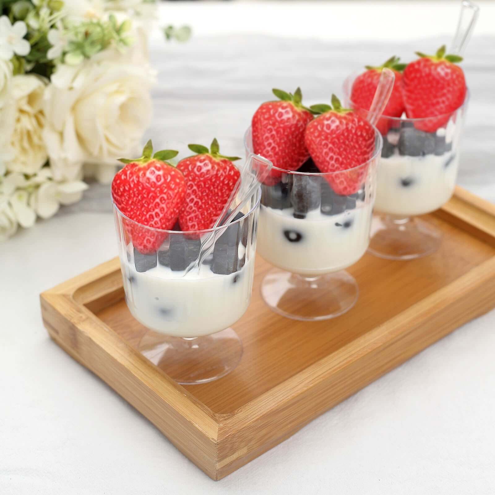 24-Pack Plastic Dessert Cups Clear Ribbed Design with Pedestals - Disposable Mini Snack Cup and Spoon Set for Catering Events & Banquets 5oz