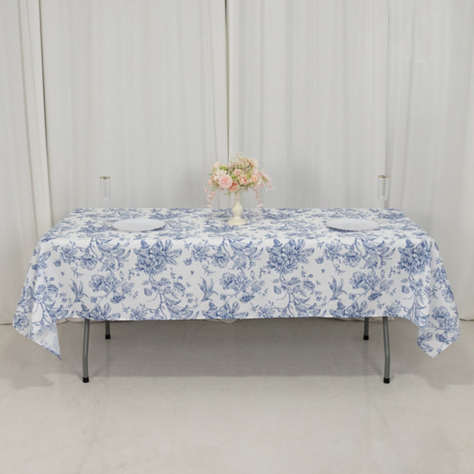 Polyester 60x102 Rectangle Tablecloth White - Blue French Toile Pattern for Elegant Gatherings