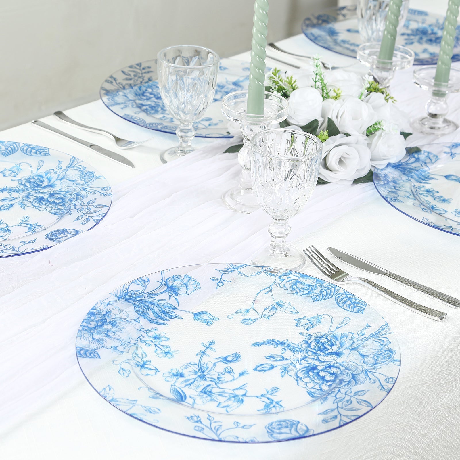 6 Pack Round Floral Acrylic Charger Plates in French Toile Pattern, 13 Clear Light Blue Dinner Charger Event Tabletop Decor