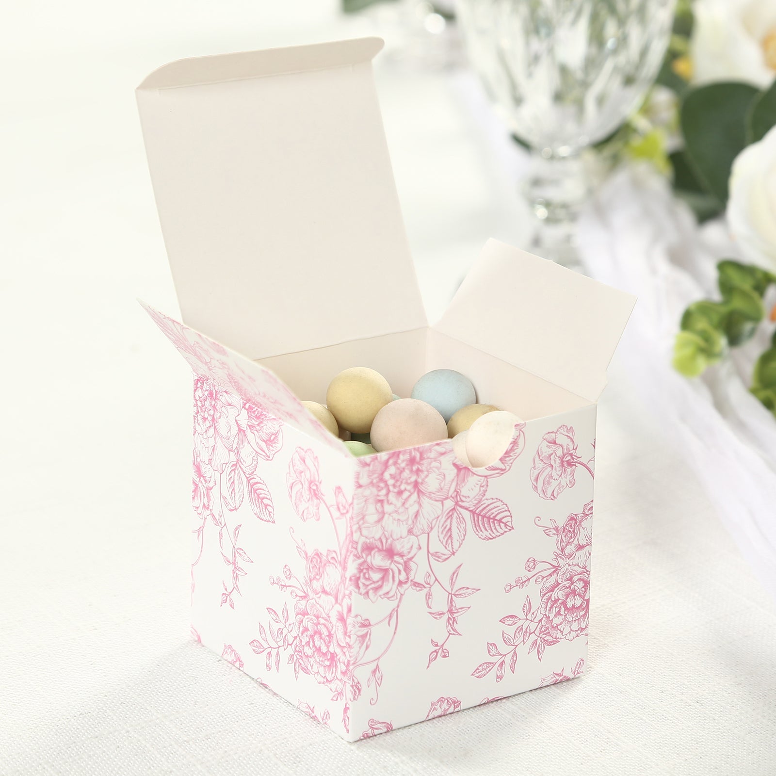 25 Pack Candy Treat Favor Boxes in French Toile Pattern - Matte Pink and White Party Gift Boxes, Cardstock Paper - 3x3