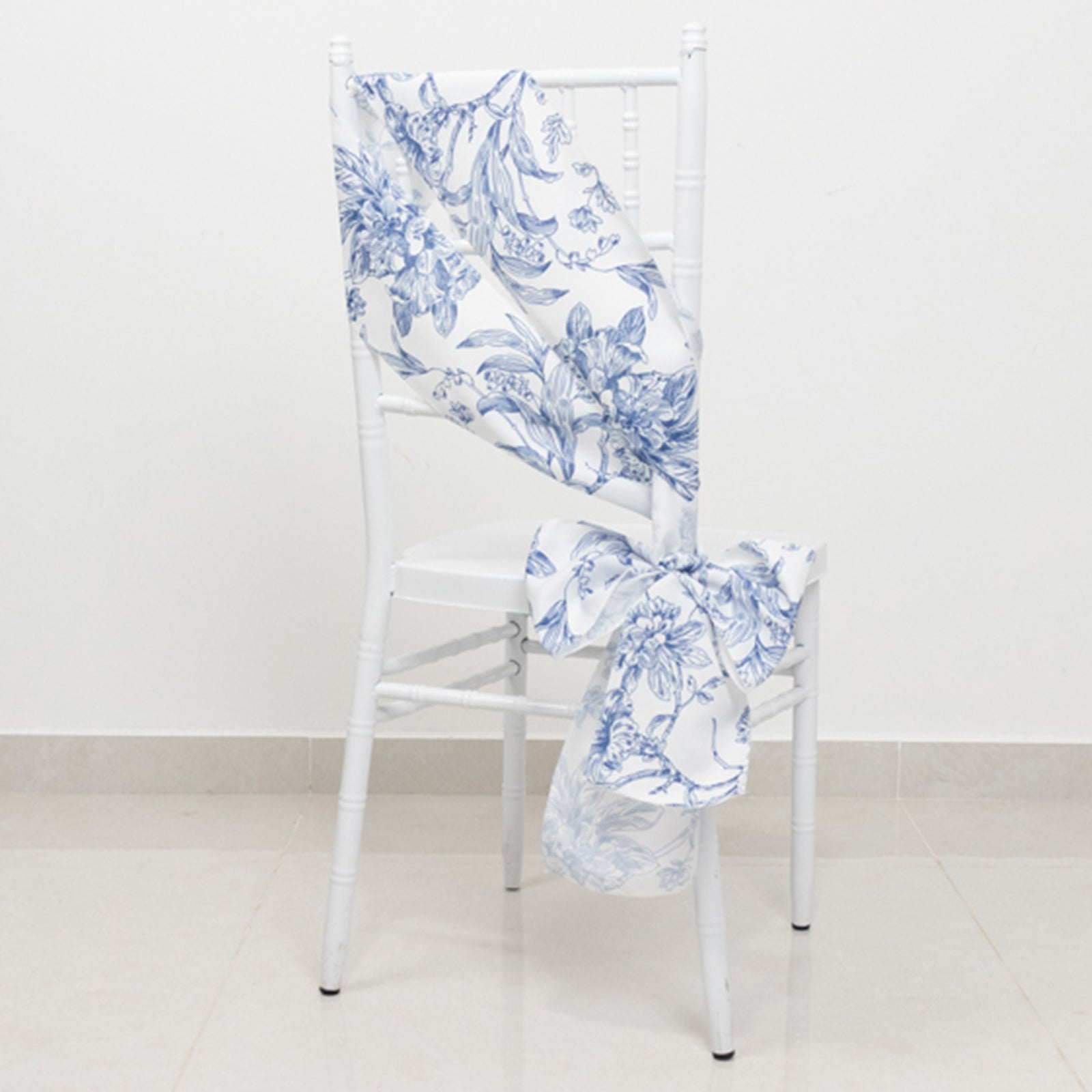 Polyester Chair Sashes White/Blue French Toile Floral Design - Wrinkle-Resistant & Durable Chair Bows for Exquisite Weddings & Banquets 6x108