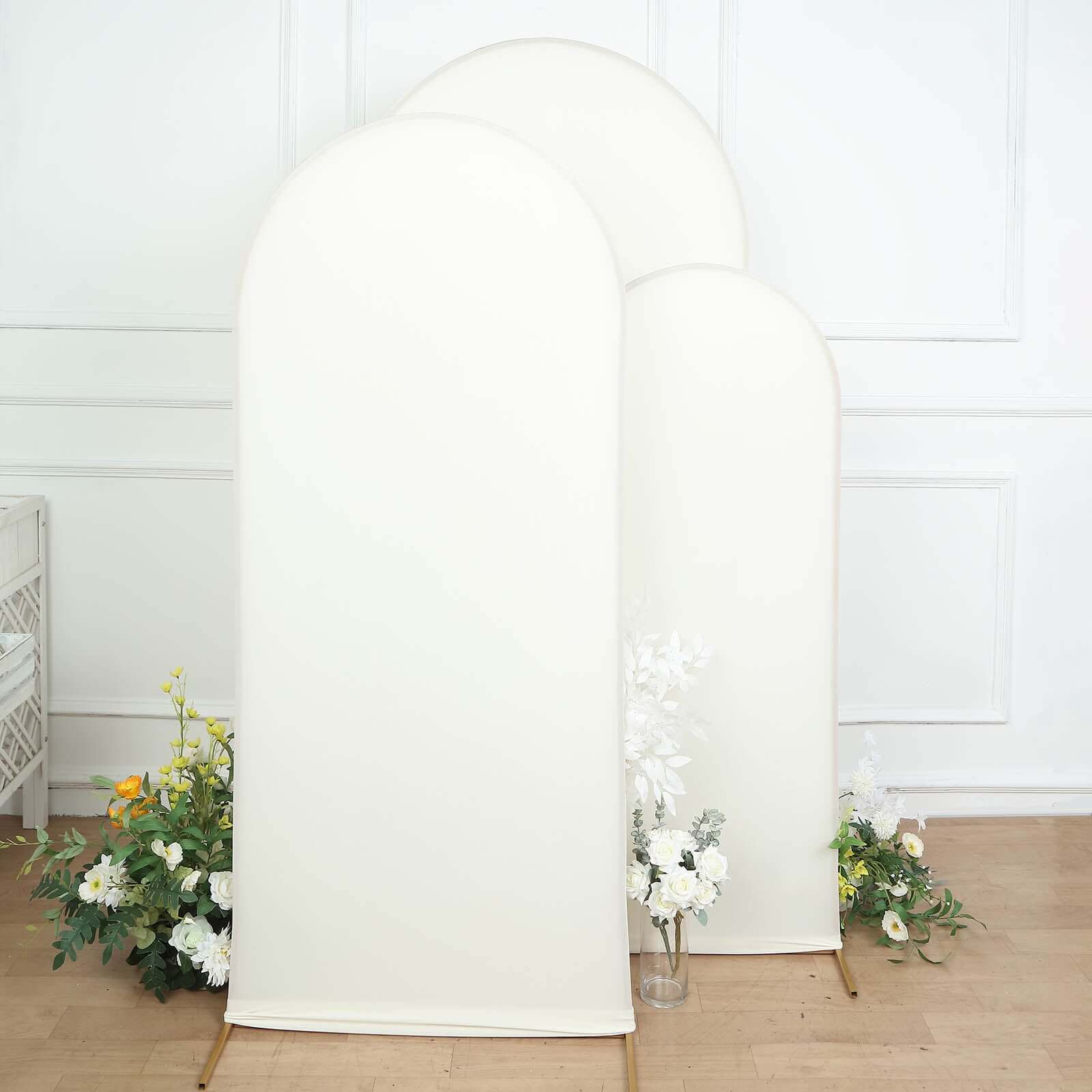 Set of 3 Matte Ivory Spandex Fitted Chiara Backdrop Stand Cover For Round Top Wedding Arch - 5ft, 6ft, 7ft