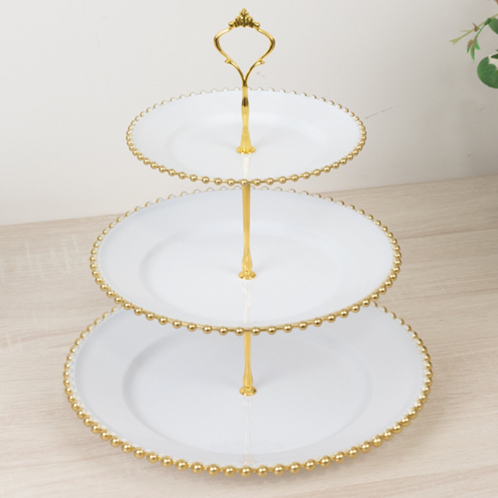 14 White 3-Tier Plastic Dessert Display Stand With Gold Beaded Rim, Round Cupcake Tower Tea Party Serving Platter With Top Handle