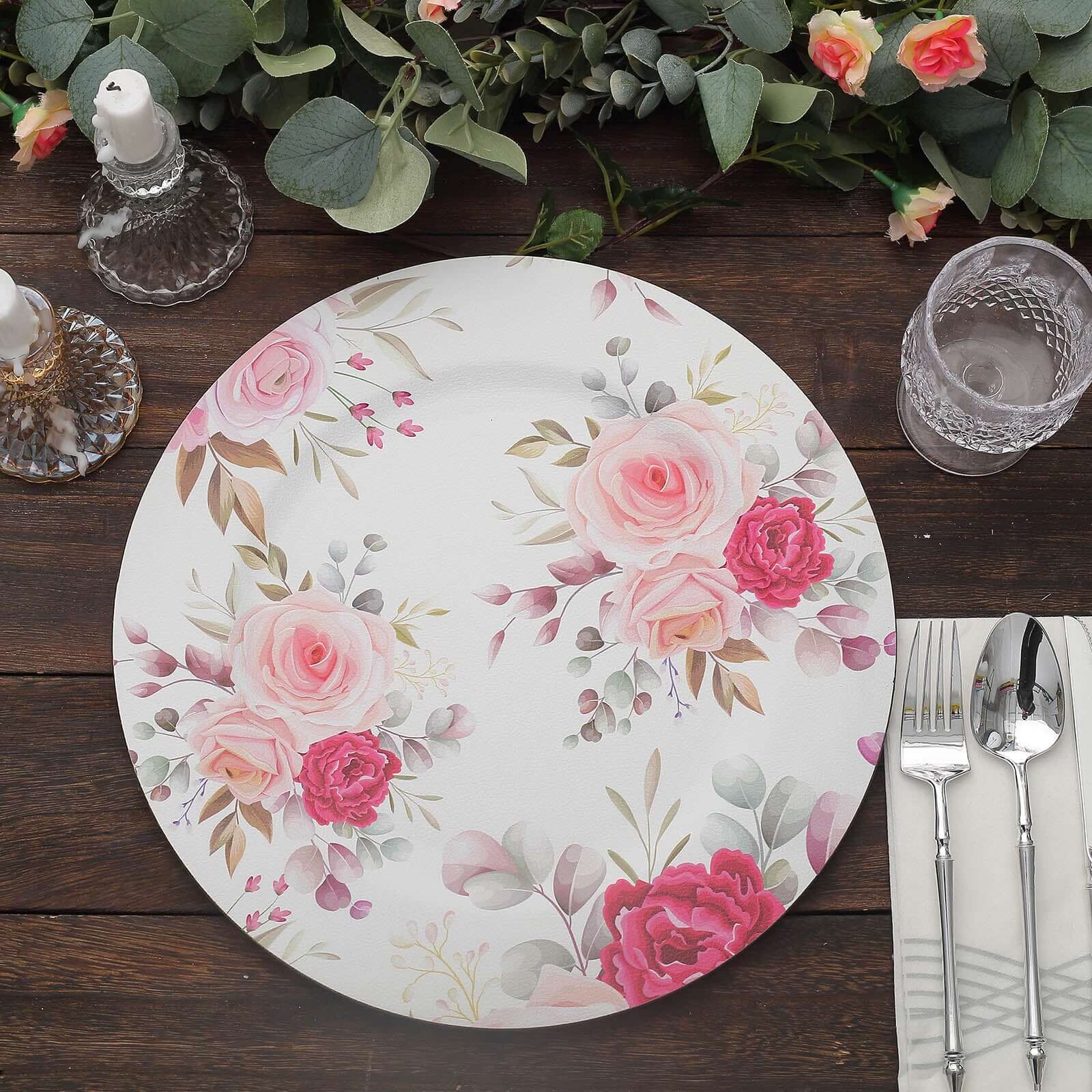 6-Pack Plastic Round Charger Plates 13 in White with Assorted Rose Floral Print, Decorative Dinner Party Charger Tableware