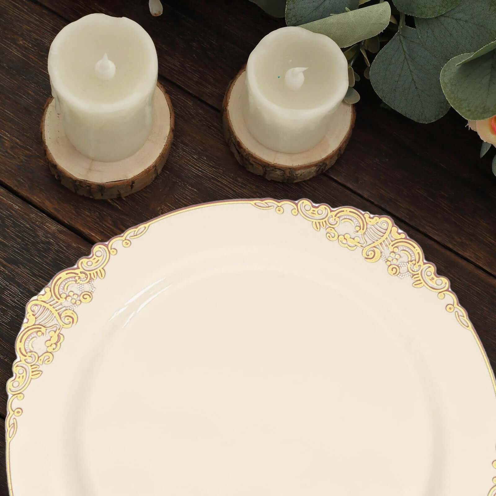 10-Pack Plastic 10 Round Dinner Plates in Ivory with Gold Leaf Embossed Rim - Disposable Vintage Baroque Style Plates