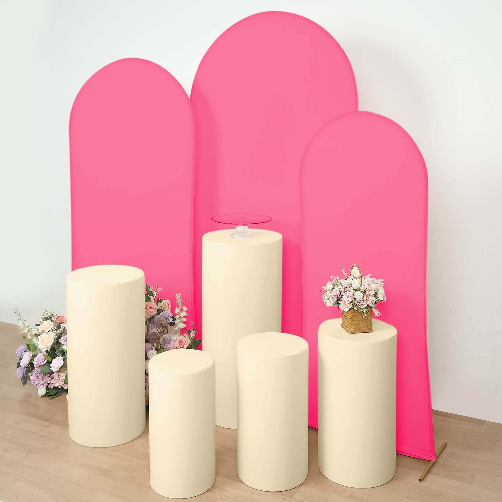 Set of 5 Beige Spandex Cylinder Pedestal Stand Covers, Stretchable Pillar Prop Covers - 160 GSM