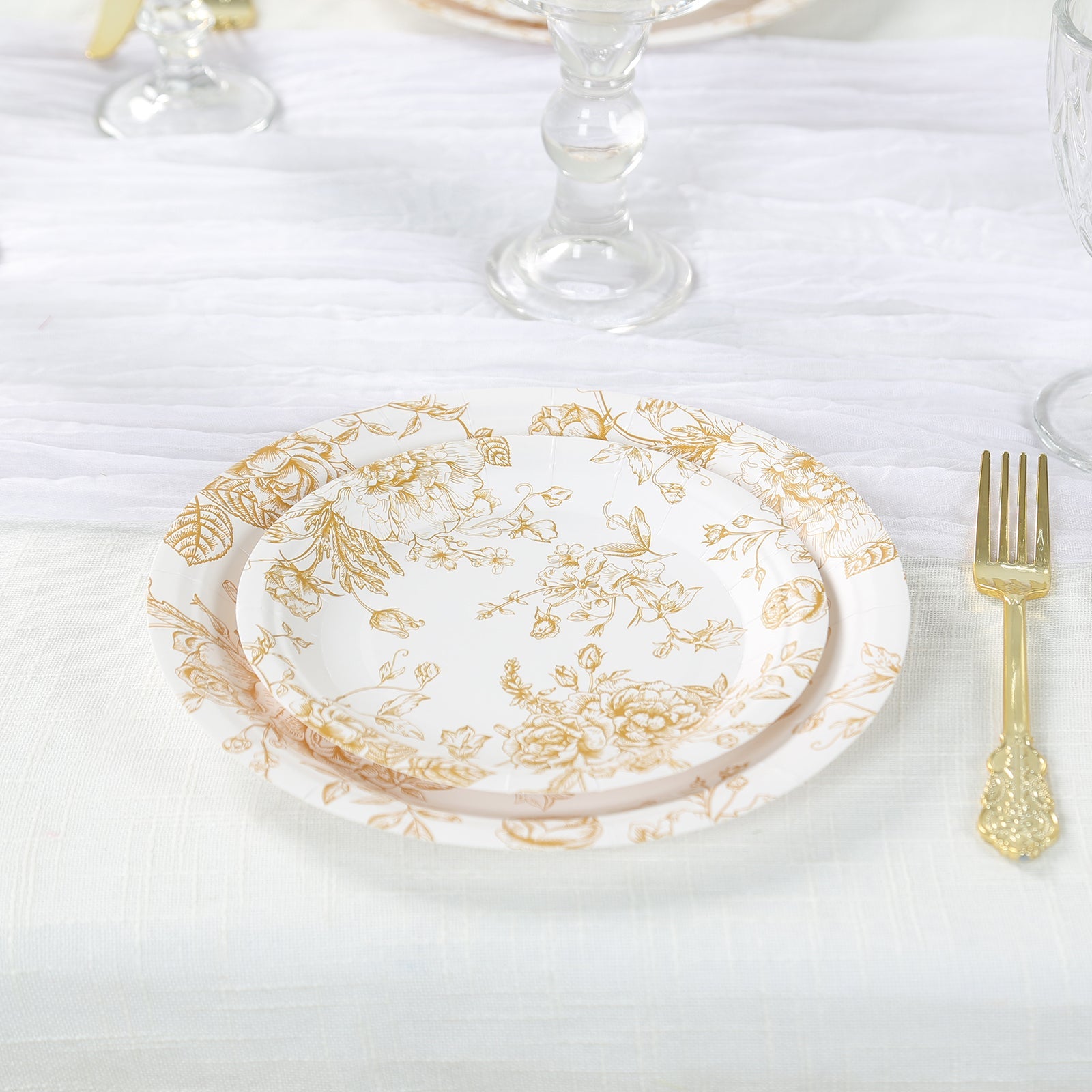 25-Pack Paper 7 Round Dessert Plates in White with Gold French Toile Pattern - Disposable Floral Salad Appetizer Plates for Chic Event Decor