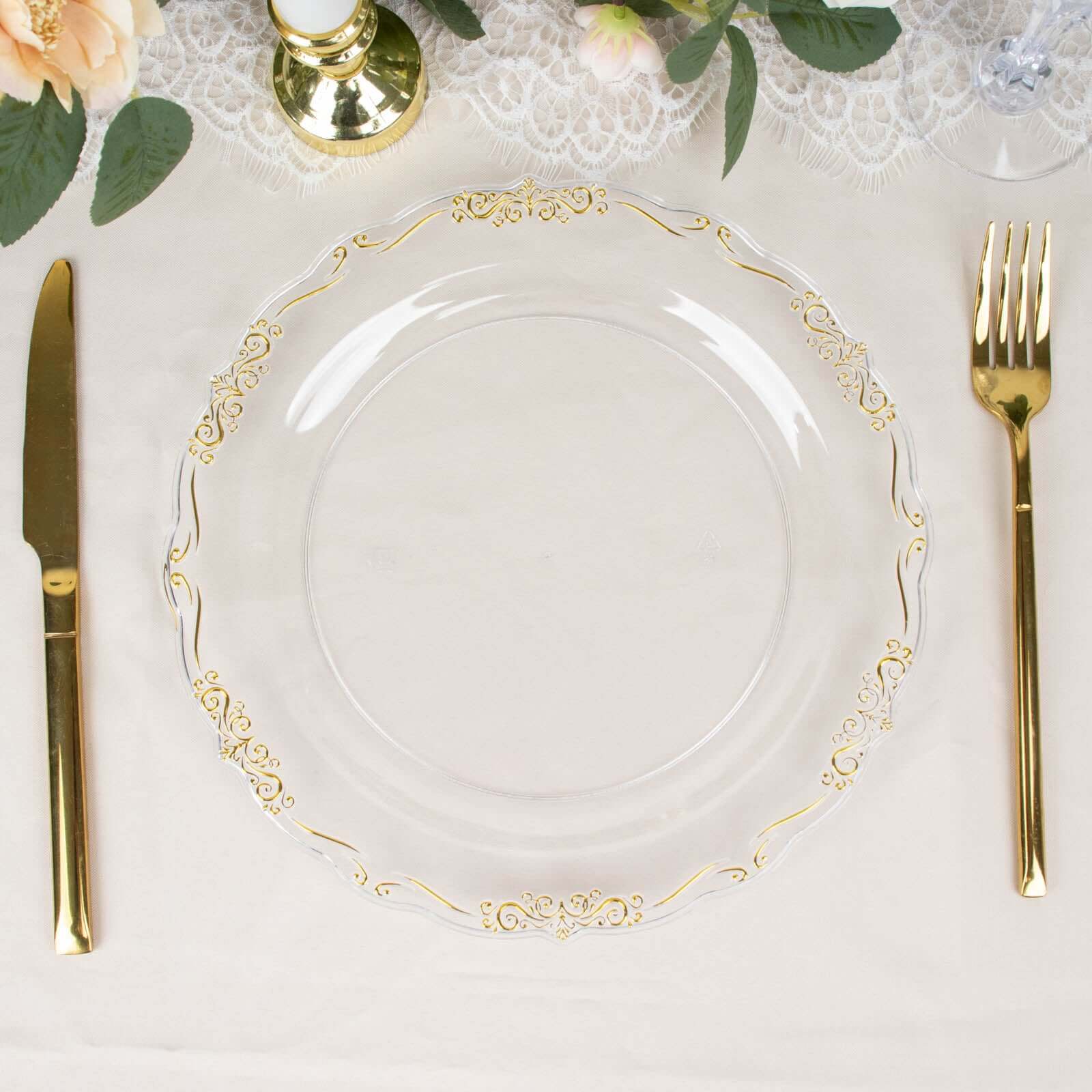 10-Pack Plastic 10 Round Dinner Plates in Clear with Gold Vintage Embossed Rim - Sturdy Disposable Scalloped Edge Party Plates for Sophisticated Events & Celebrations