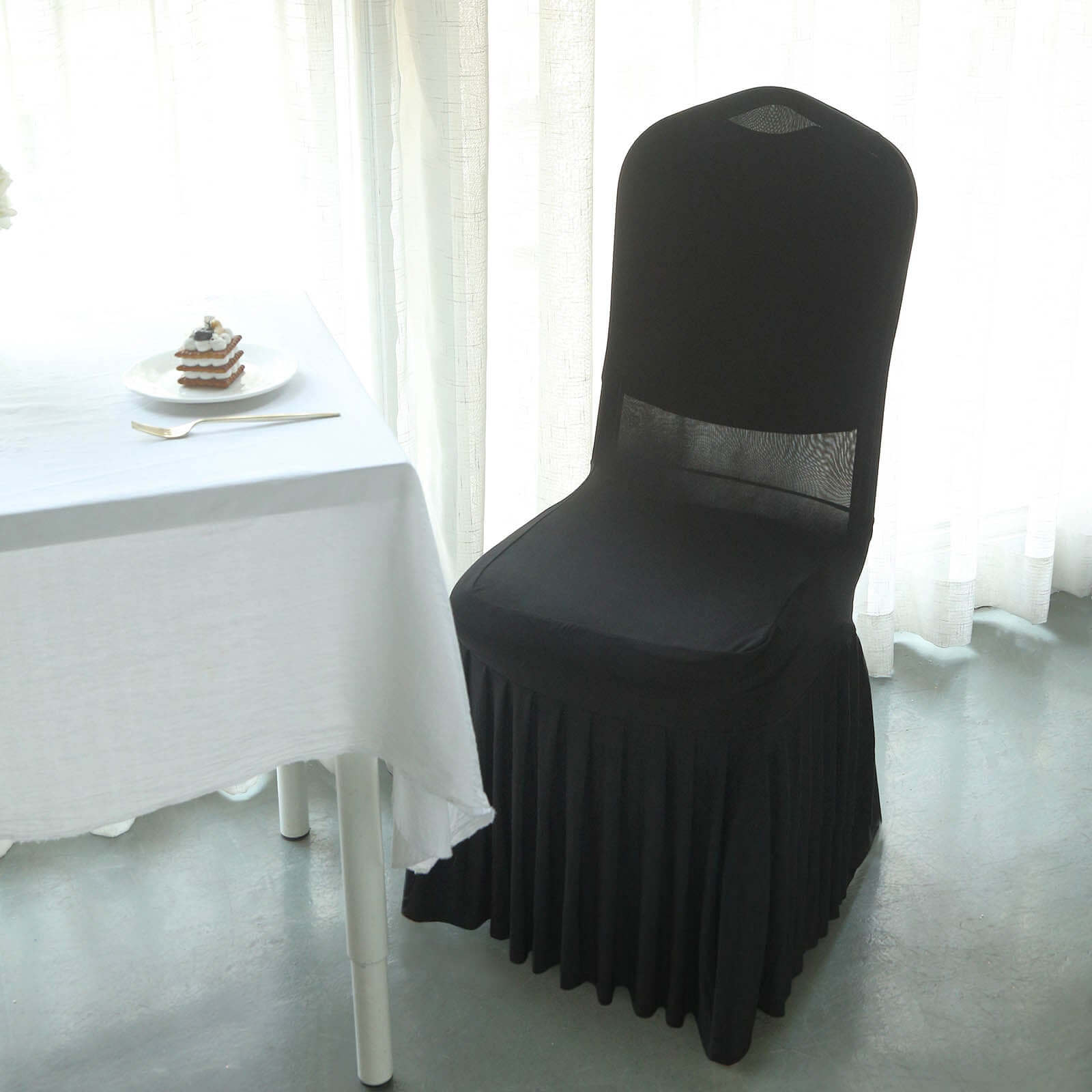 Spandex Chair Cover with Ruffle Pleated Skirt for Banquet Chairs Black - 1-Piece Stretch Fitted Slipcover