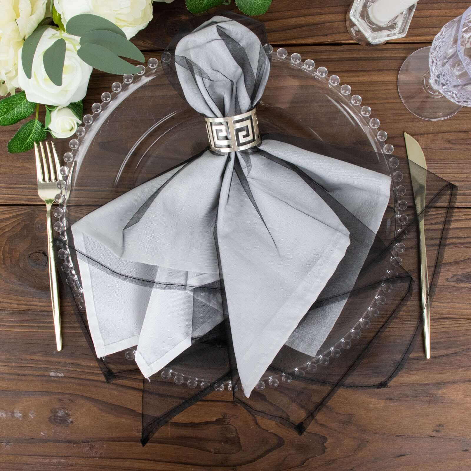 10 Pack Organza 23x23 Napkins Black - Sheer Cloth Napkins