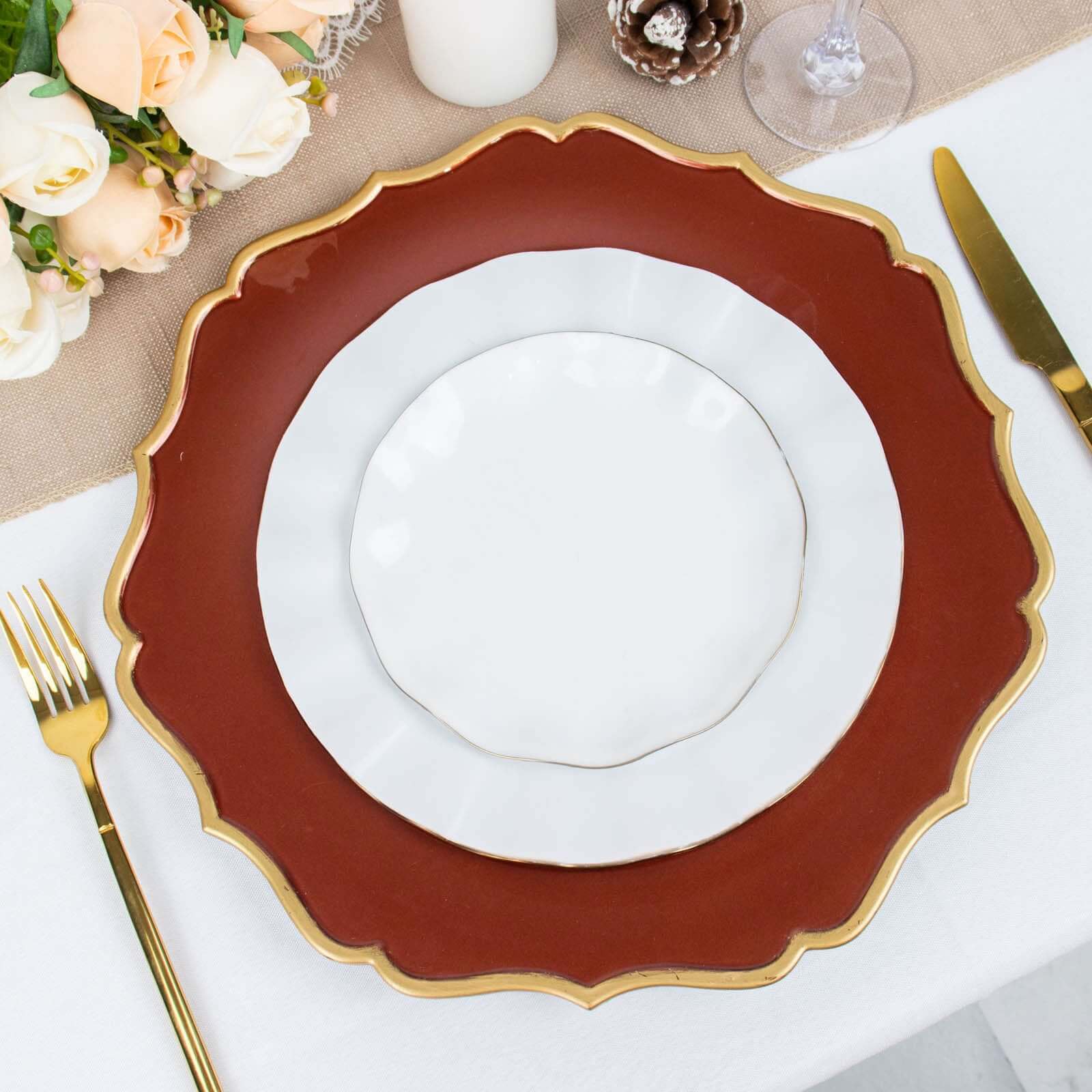 6-Pack Acrylic Round Charger Plates 13 in Terracotta (Rust) with Gold Scalloped Rim, Decorative Dinner Party Plastic Charger Tableware