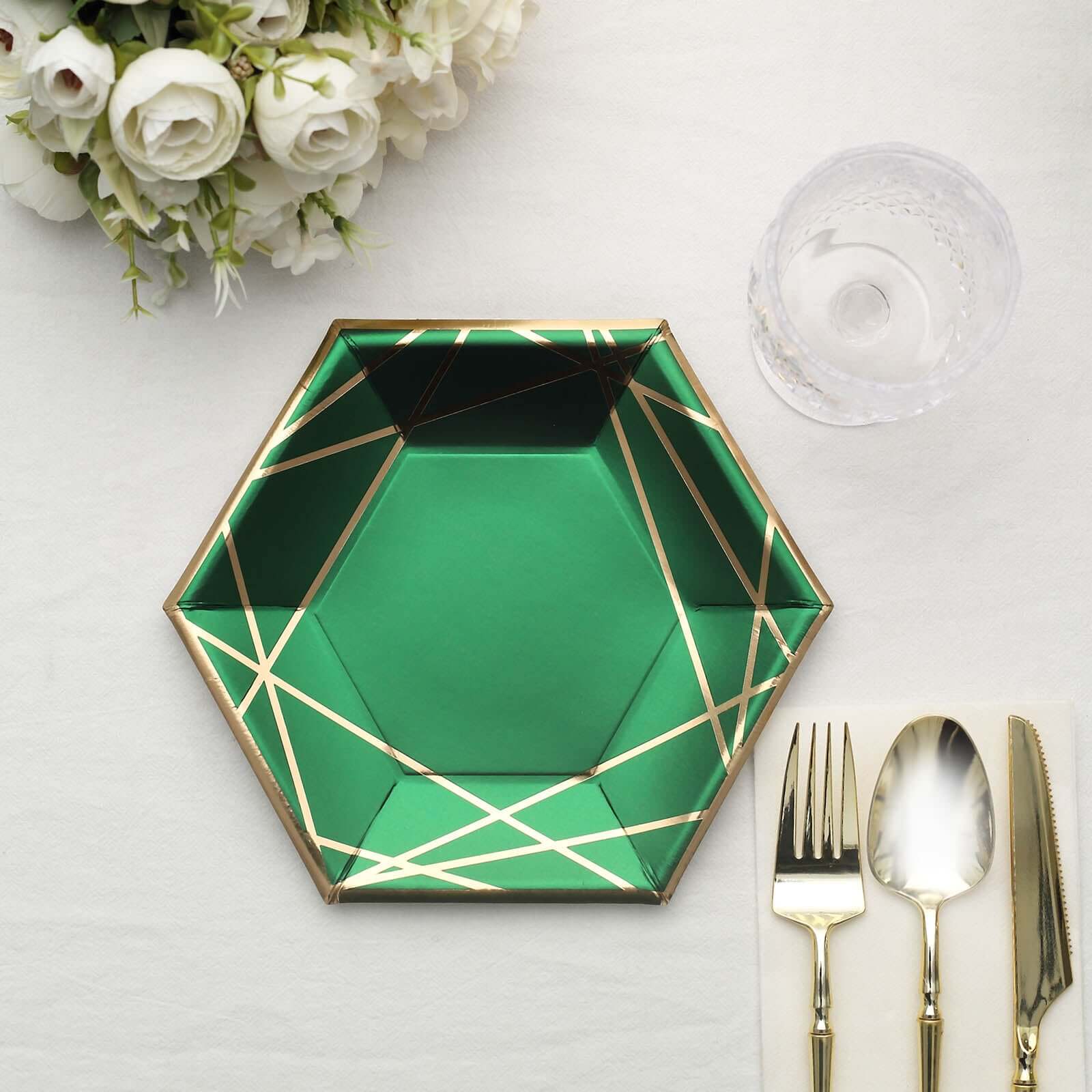 25-Pack Paper 7 Hexagon Dessert Plates in Hunter Emerald Green with Gold Geometric Lines & Rim - Stylish Disposable Geometric 300GSM Appetizer Salad Plates