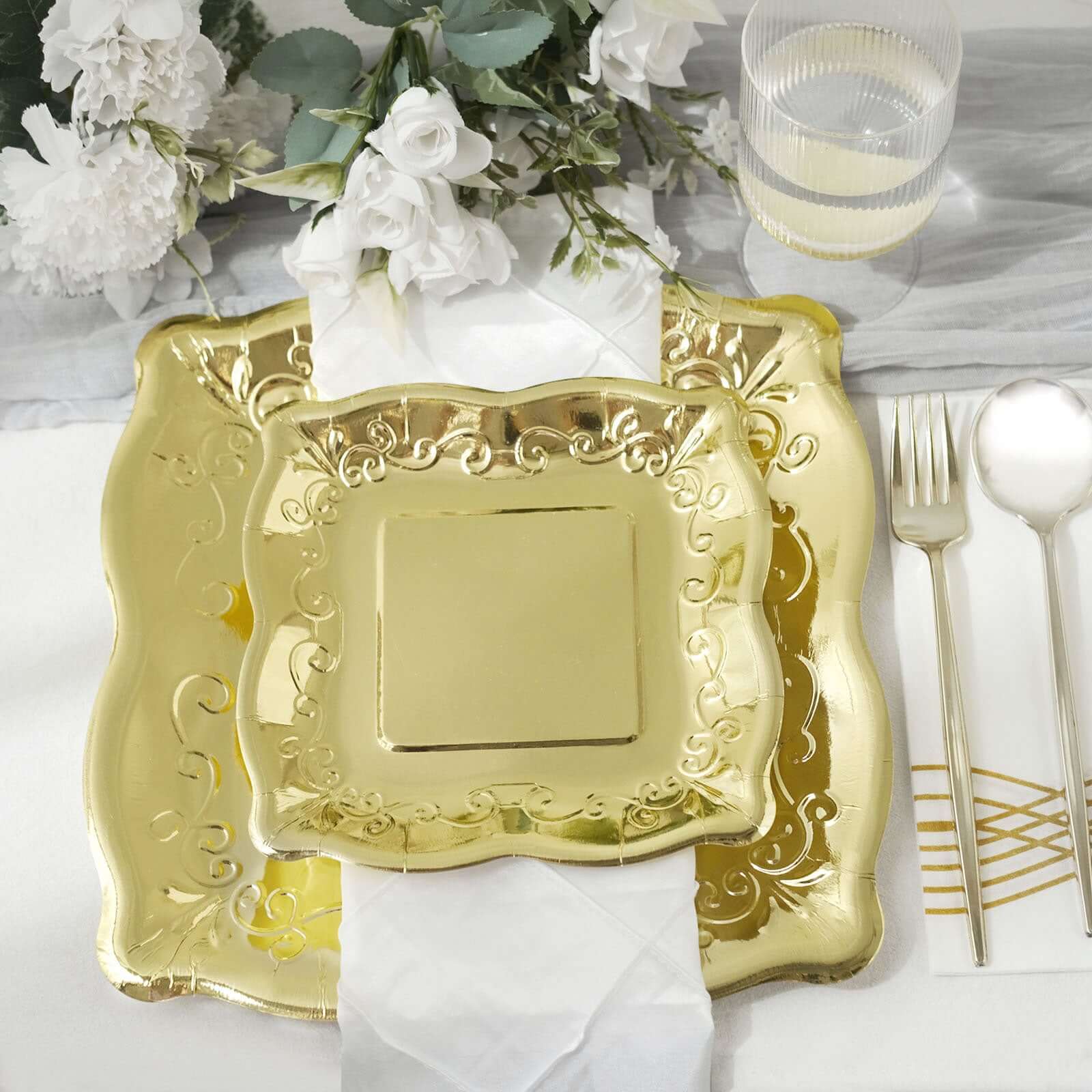 25-Pack Paper 7 Square Dessert Plates in Gold with Vintage Pottery Embossed Design - Shiny Metallic Disposable Appetizer Plates for Luxe Gatherings & Celebrations