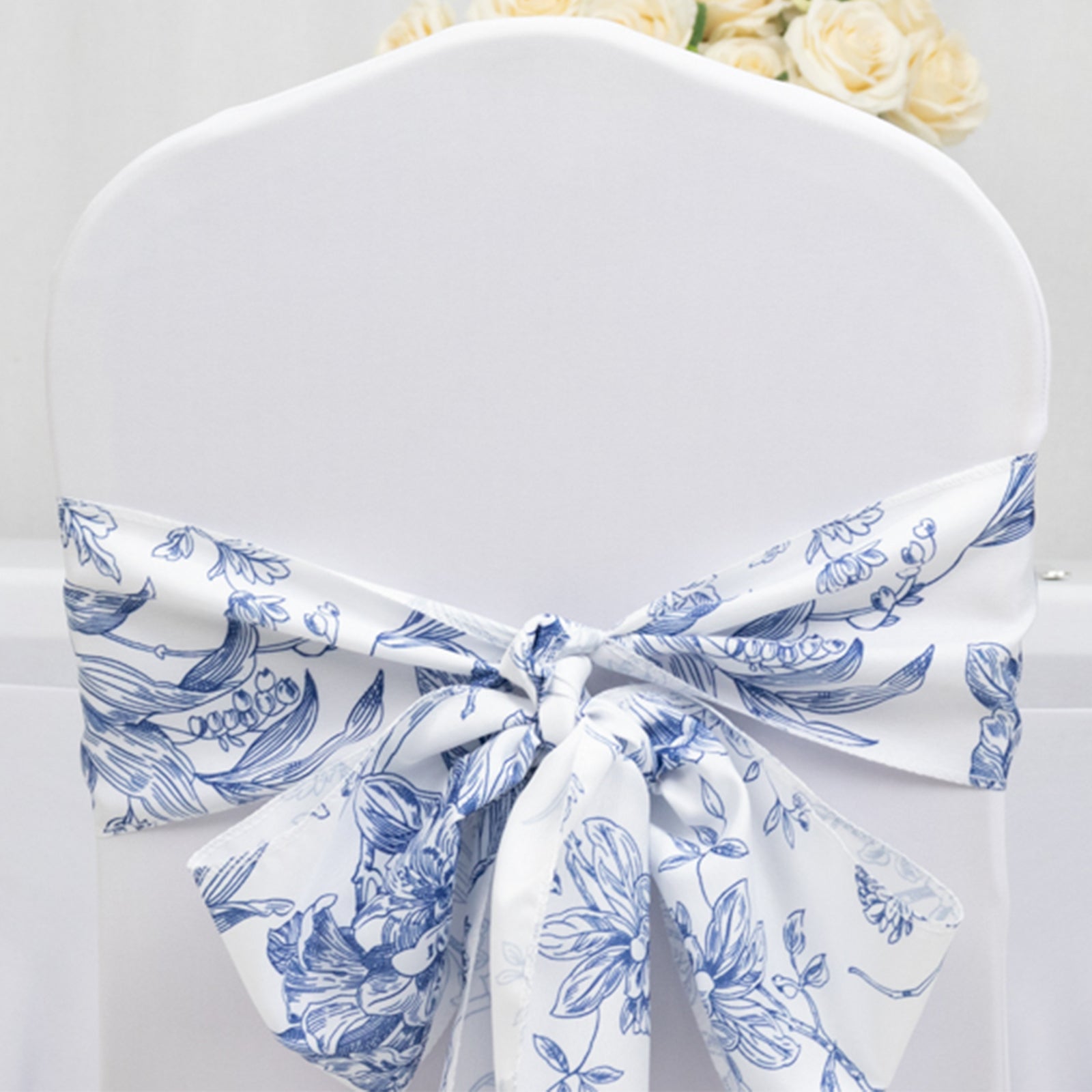 Polyester Chair Sashes White/Blue French Toile Floral Design - Wrinkle-Resistant & Durable Chair Bows for Exquisite Weddings & Banquets 6x108