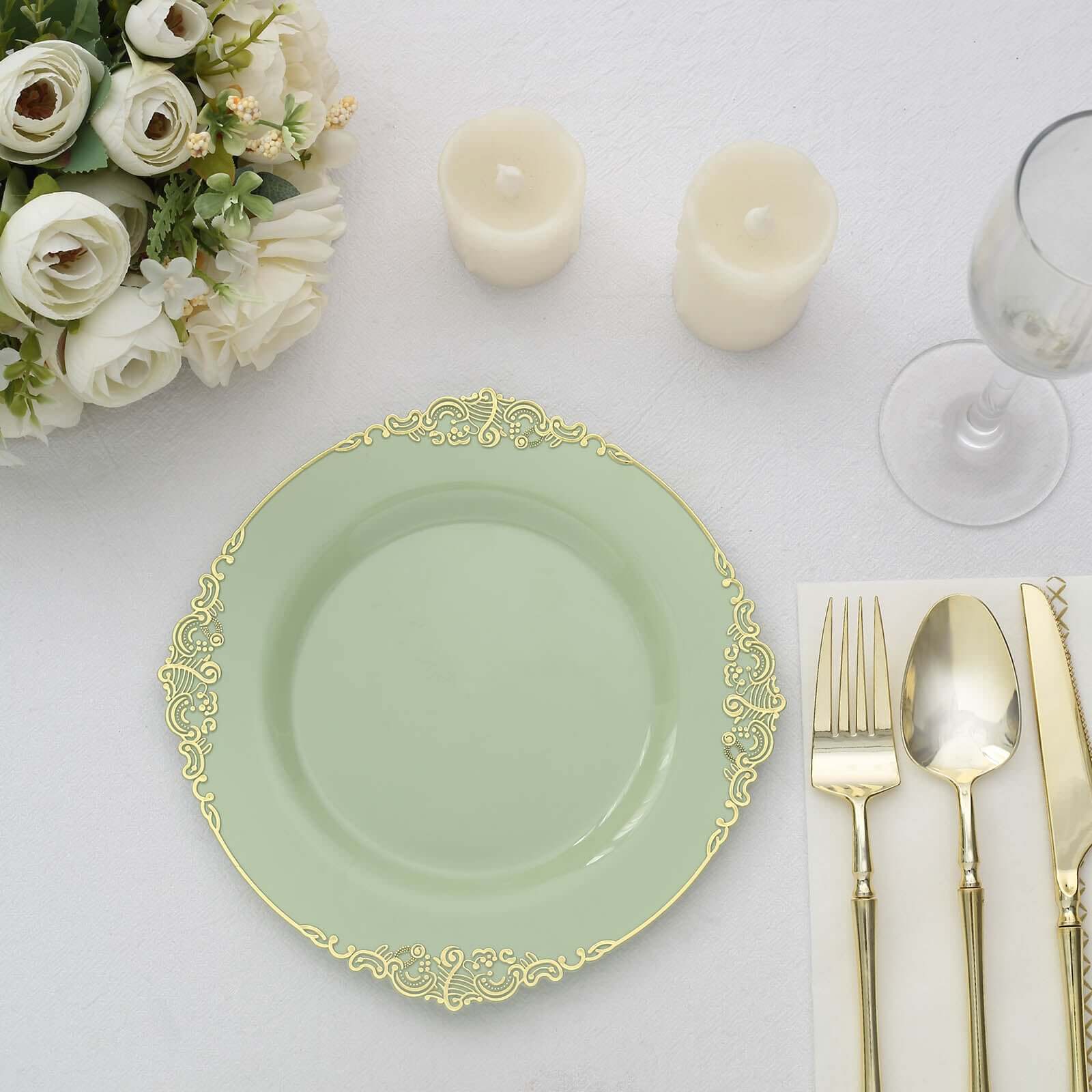 10-Pack Plastic 8 Round Dessert Plates in Sage Green with Gold Leaf Embossed Rim - Disposable Vintage Baroque Style Salad Plates