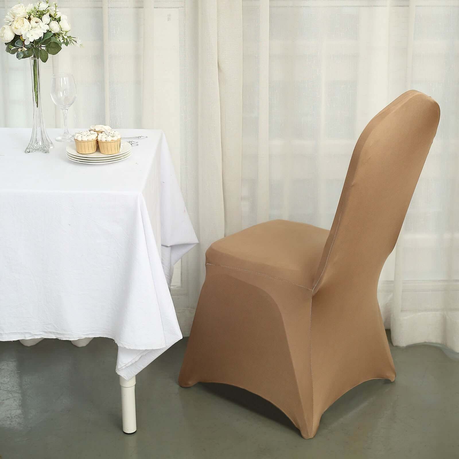 Spandex Chair Cover for Banquet Chairs Taupe - Stretch 160GSM Fabric with Slip-On Slipcover