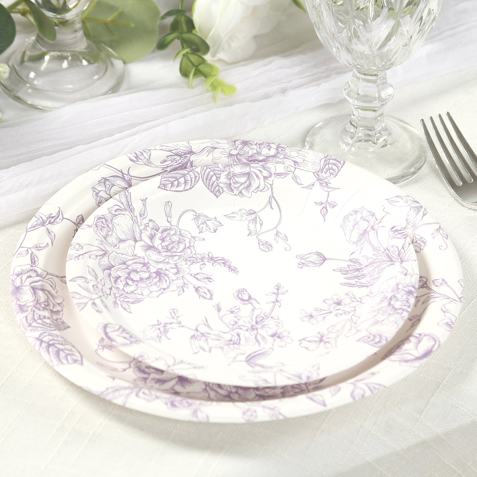 25-Pack Paper 7 Round Dessert Plates in White with Matte Lavender French Toile Pattern - Disposable Floral Salad Appetizer Plates