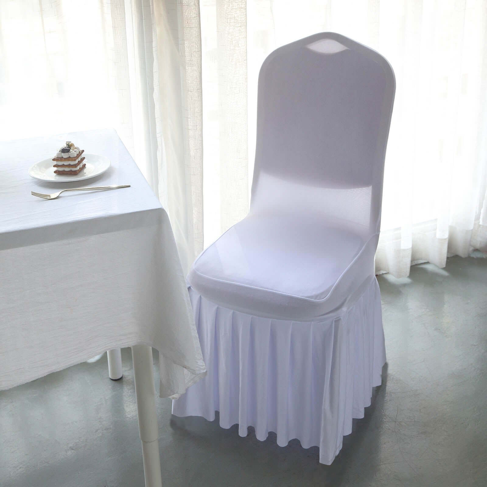 Spandex Chair Cover with Ruffle Pleated Skirt for Banquet Chairs White - Stylish 1-Piece Stretch Fitted Design