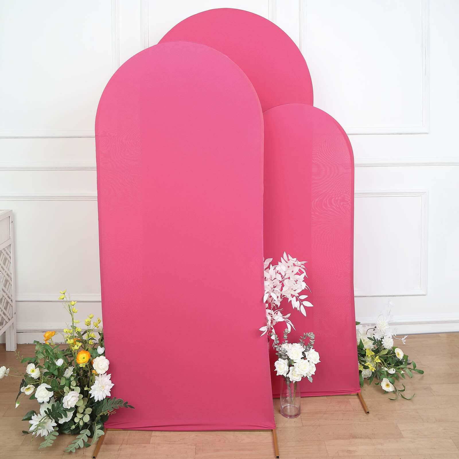 Set of 3 Matte Fuchsia Spandex Fitted Chiara Backdrop Stand Cover For Round Top Wedding Arch - 5ft, 6ft, 7ft