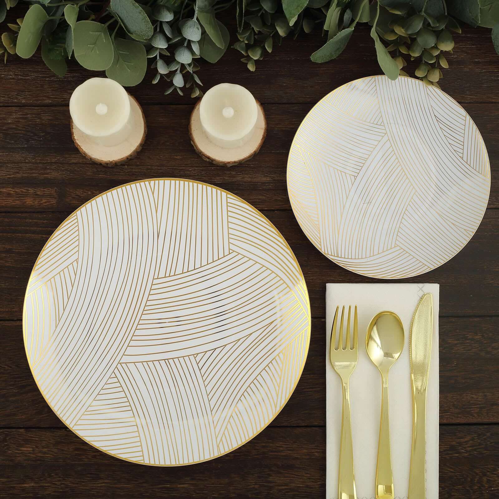 10-Pack Plastic 7 Round Dessert Plates in White with Gold Wave Brush Strokes Pattern - Disposable Appetizer Salad Plates for Modern & Classy Table Decor