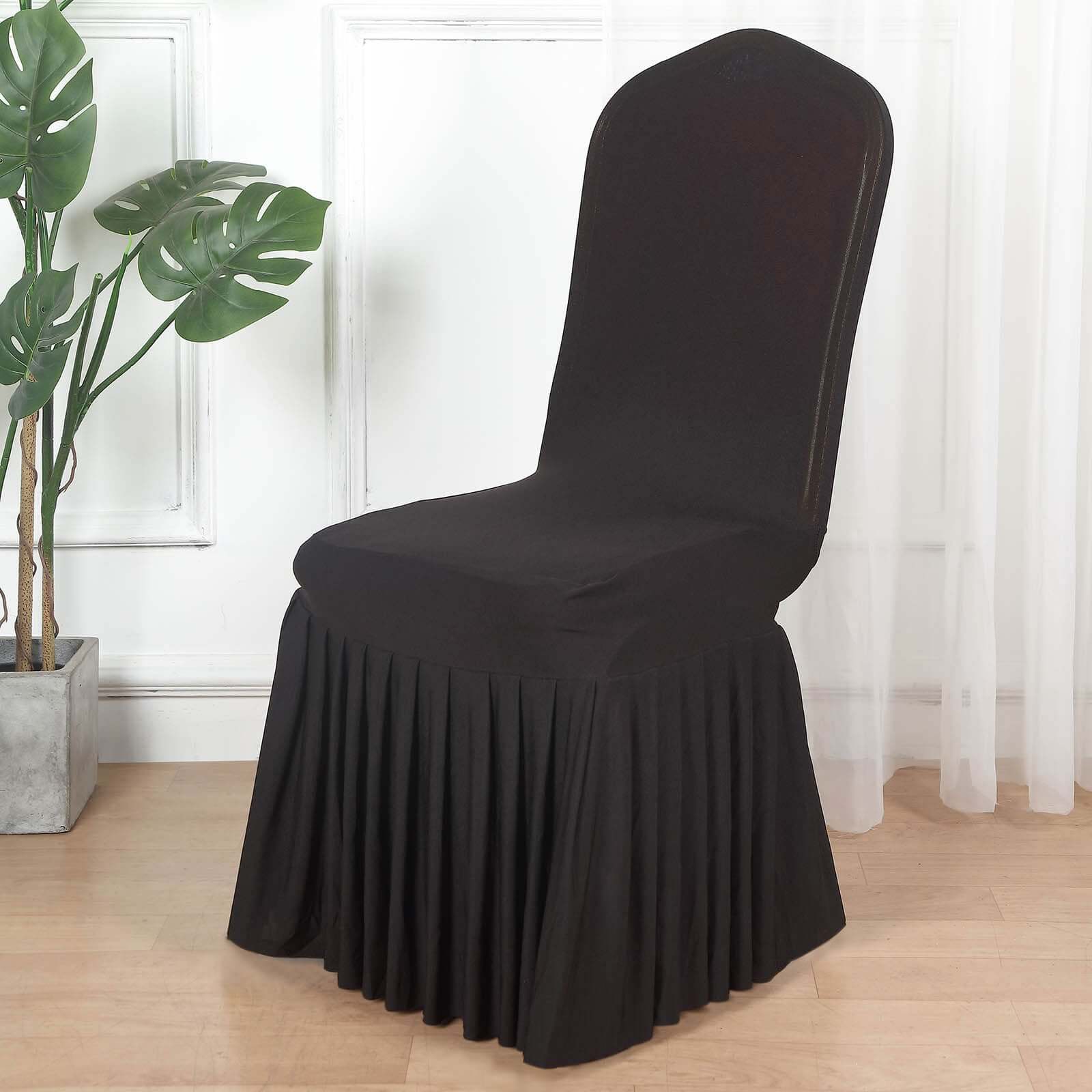 Spandex Chair Cover with Ruffle Pleated Skirt for Banquet Chairs Black - 1-Piece Stretch Fitted Slipcover