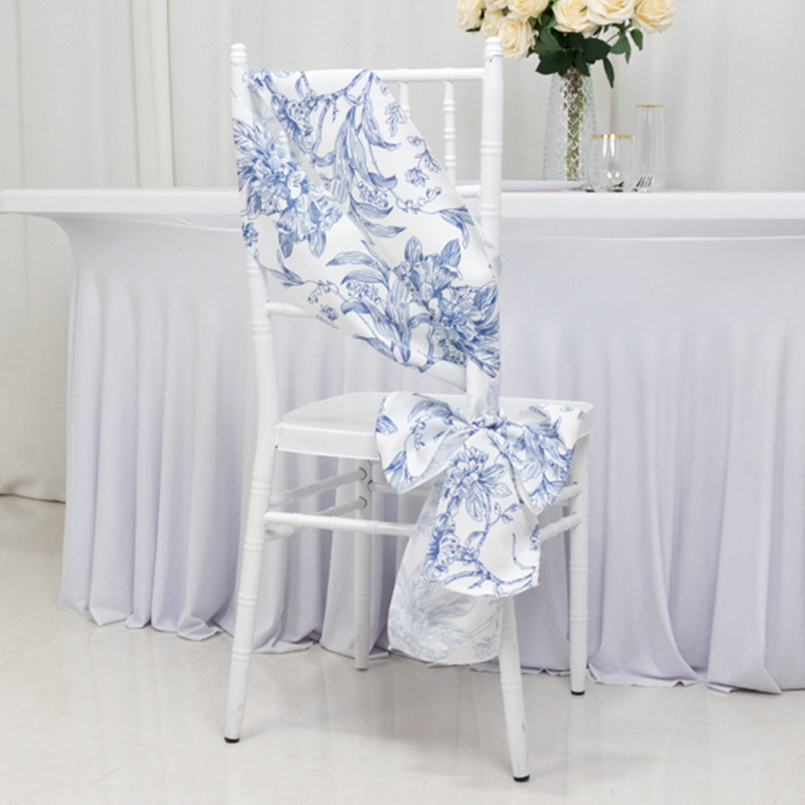 Polyester Chair Sashes White/Blue French Toile Floral Design - Wrinkle-Resistant & Durable Chair Bows for Exquisite Weddings & Banquets 6x108