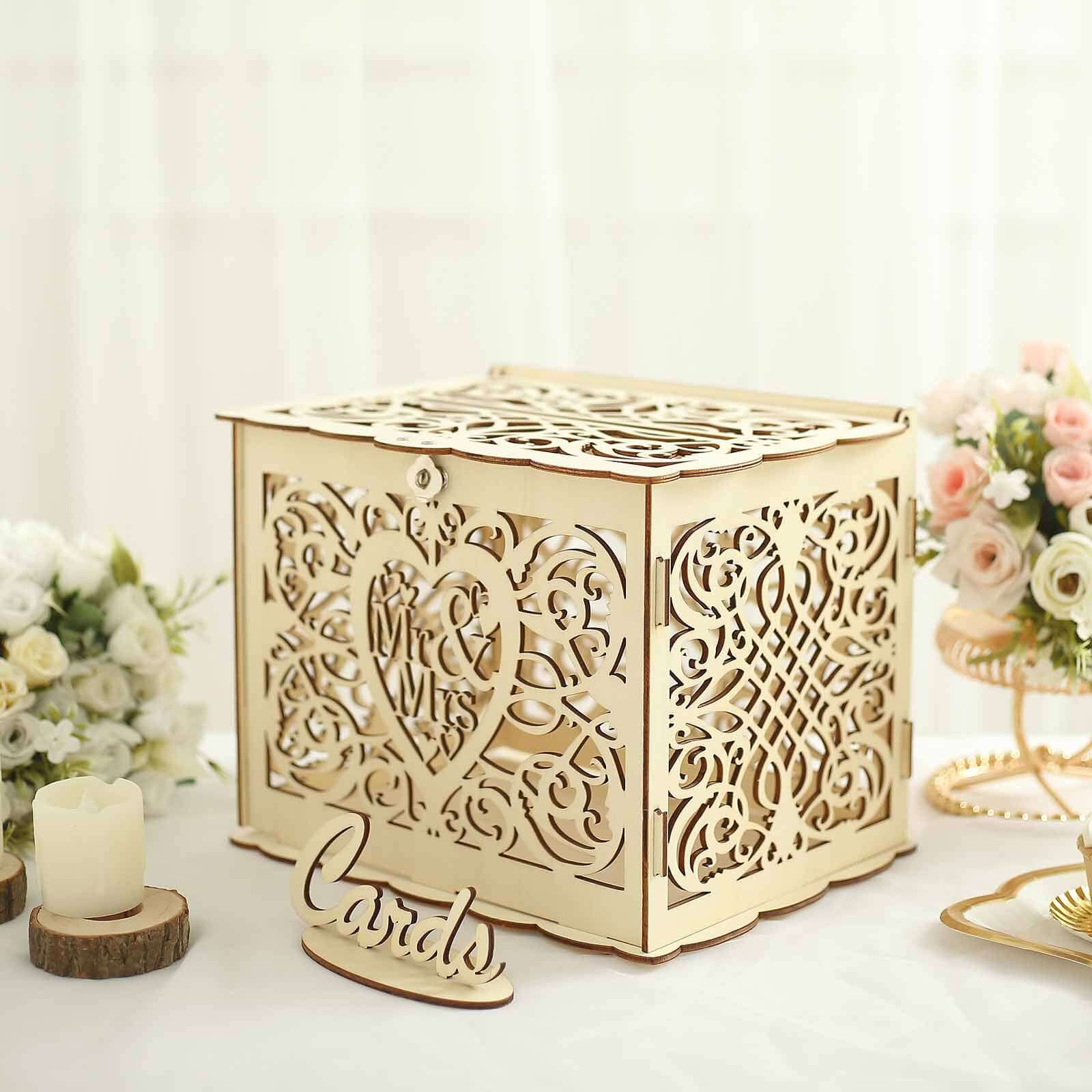 Natural Wooden Laser Cut Mr. & Mrs. Wedding Card Box With Label, Rustic DIY Hollow Money Box And Stand - 12x9