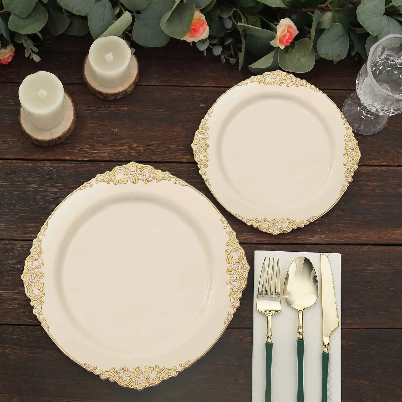 10-Pack Plastic 10 Round Dinner Plates in Ivory with Gold Leaf Embossed Rim - Disposable Vintage Baroque Style Plates