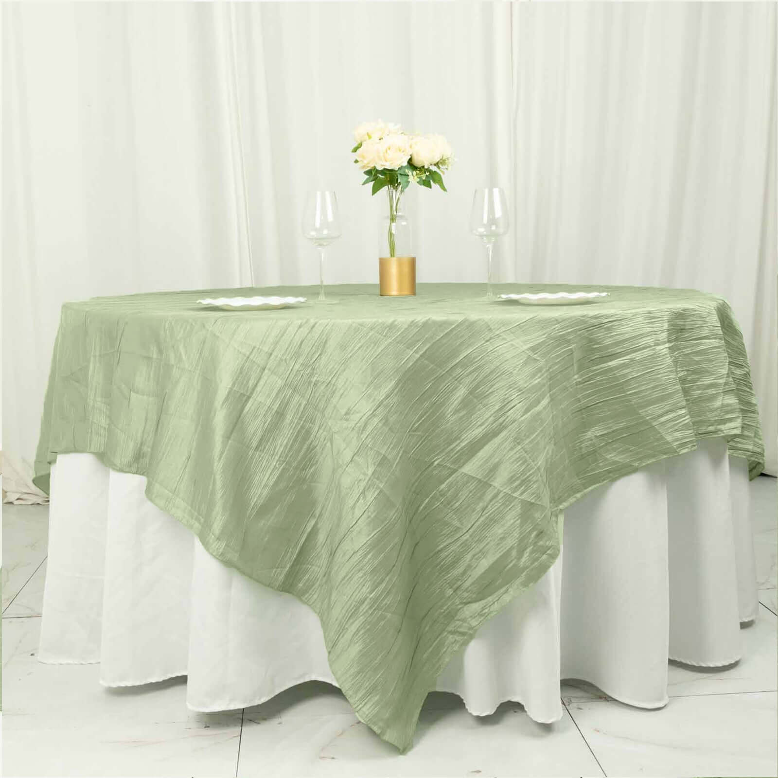 Taffeta 90x90 Table Overlay Square Tablecloth Sage Green - Accordion Crinkle Table Cover