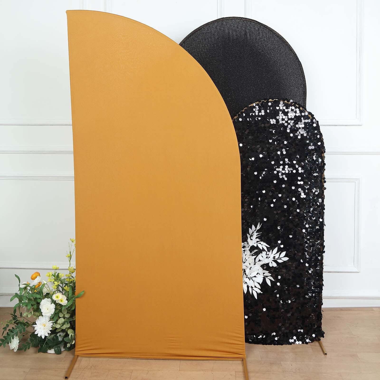 7ft Matte Gold Spandex Half Moon Chiara Backdrop Stand Cover, Custom Fitted Wedding Arch Cover