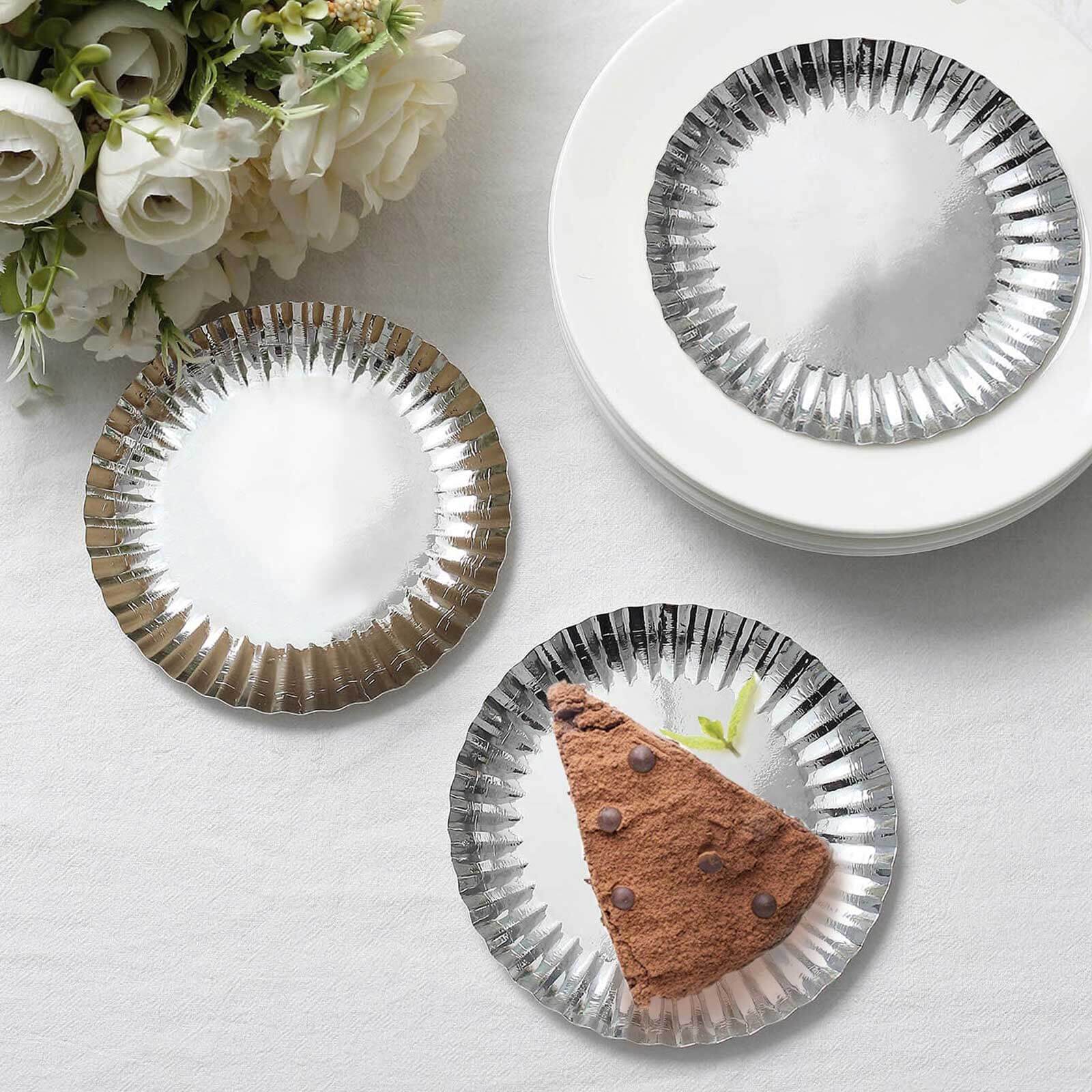 50-Pack Paper 5 Round Dessert Plates in Metallic Silver with Scalloped Rim - Disposable 250GSM Appetizer Party Plates