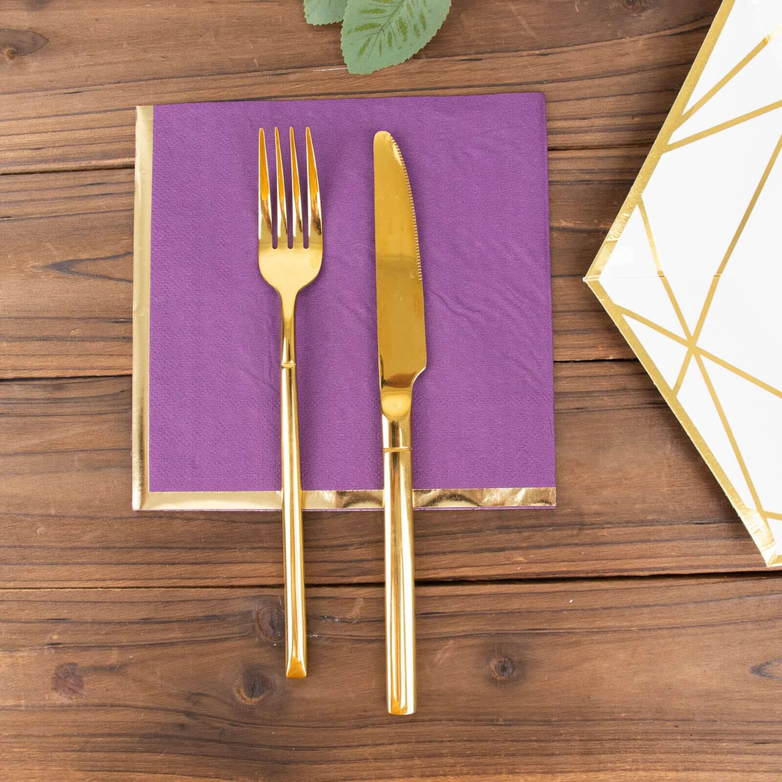 50-Pack Paper Beverage Napkins with Gold Foil Edge Purple - Disposable 2 Ply Cocktail Napkins for Events 6.5x6.5