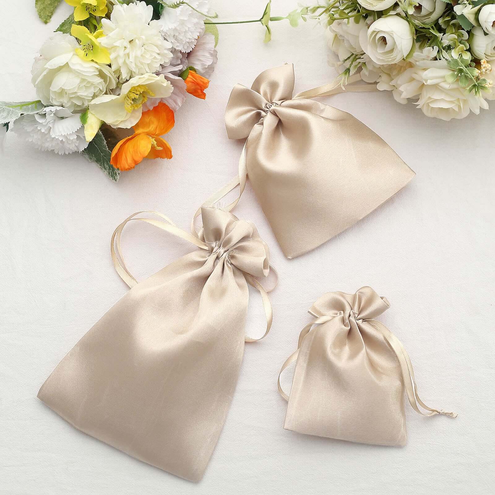 12 Pack 4x6 Beige Satin Drawstring Wedding Party Favor Gift Bags