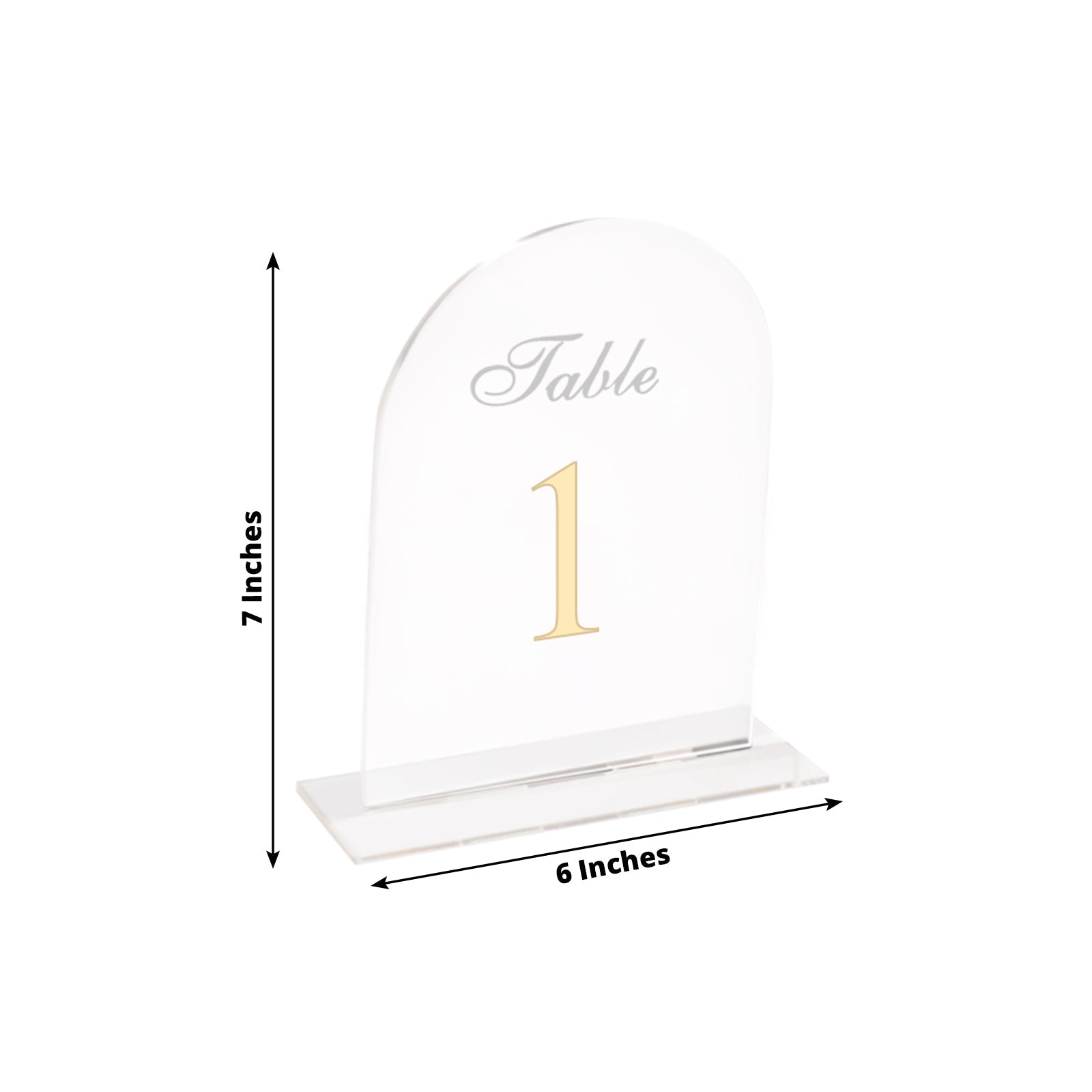 Clear Arch Acrylic Table Numbers (1-10) - 6x7 Wedding Reception Signs with Gold Print & Stands